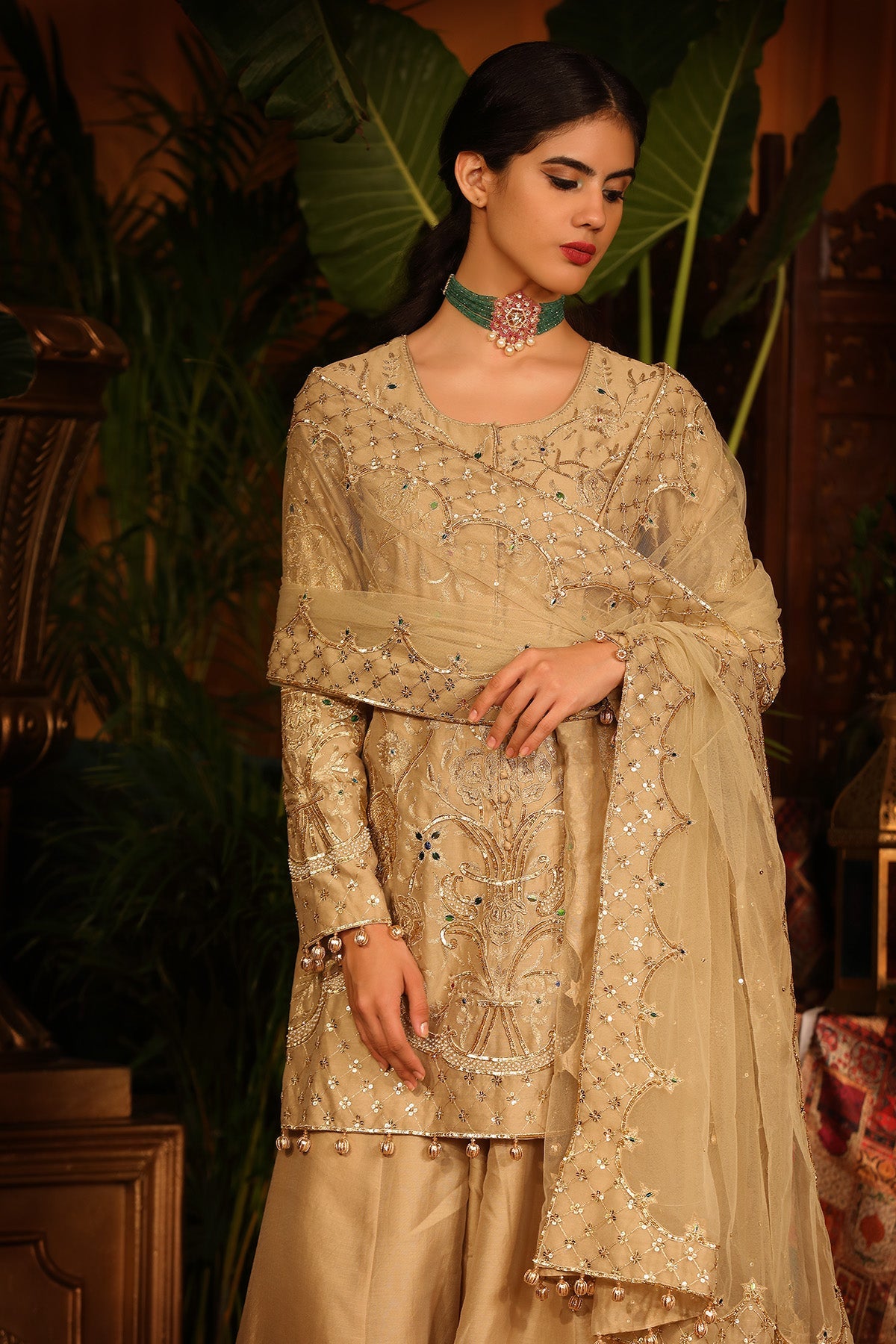 Gold Chanderi Kurti Sharara Set With Tulle Dupatta