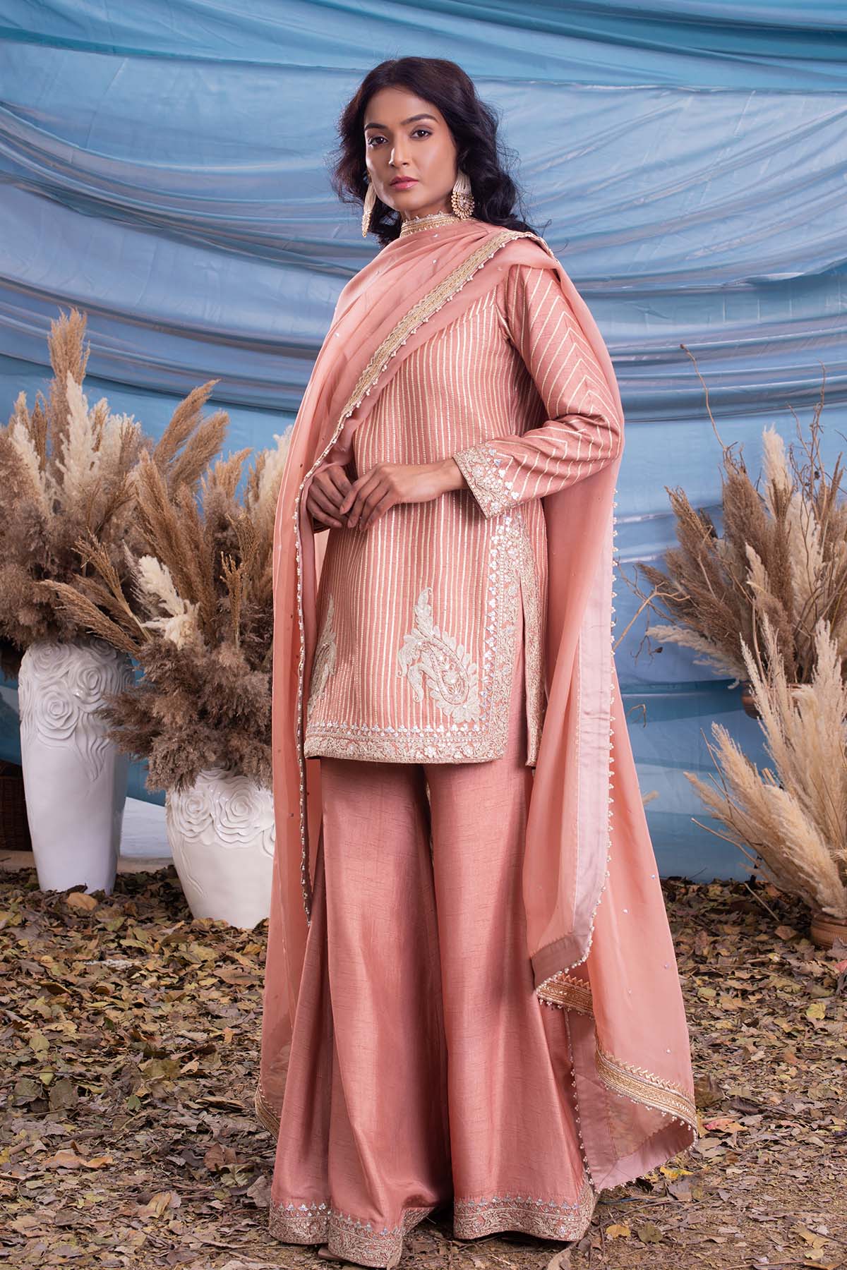 dusty pink raw silk kurt pant set