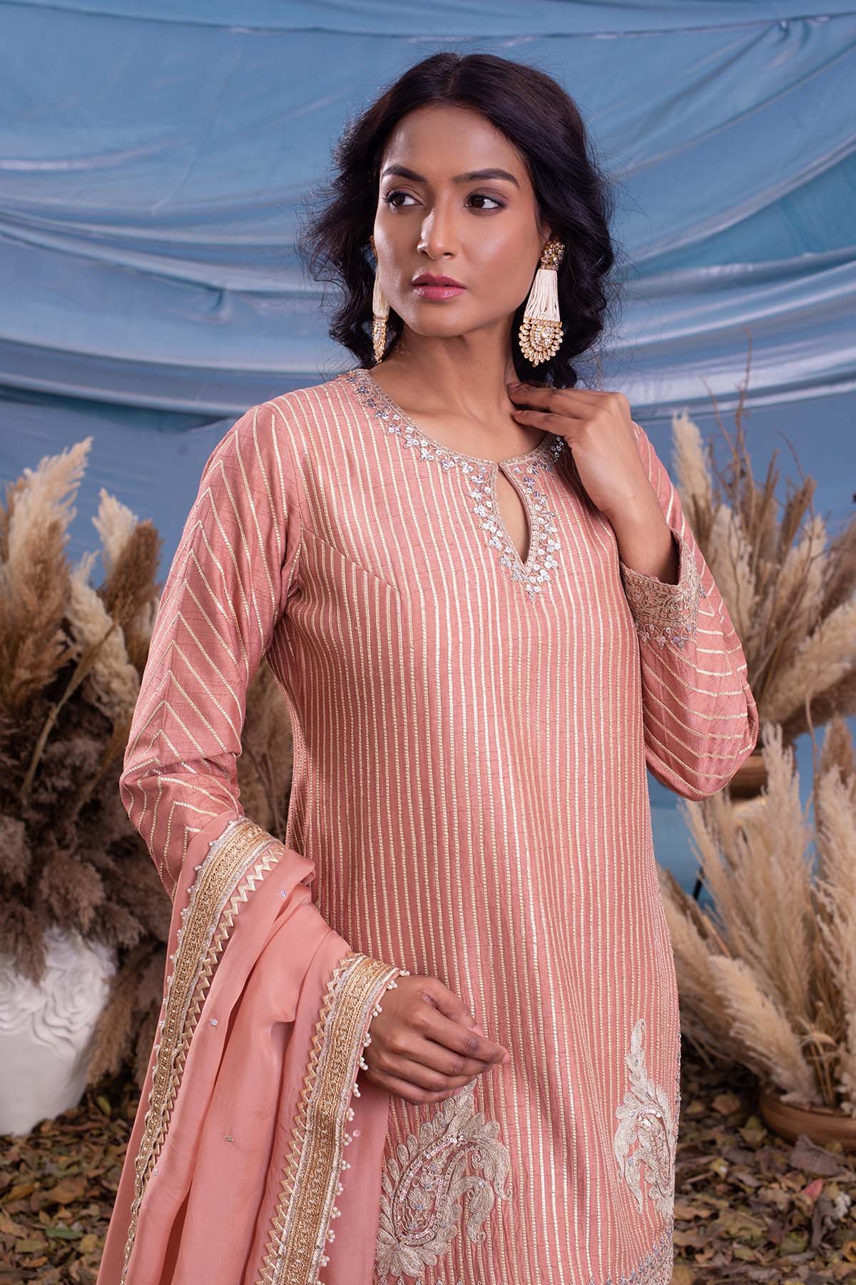 dusty pink raw silk kurt pant set