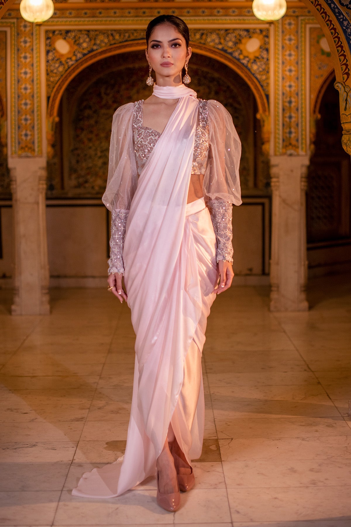 Blush Pink Silk Satin Drape Saree