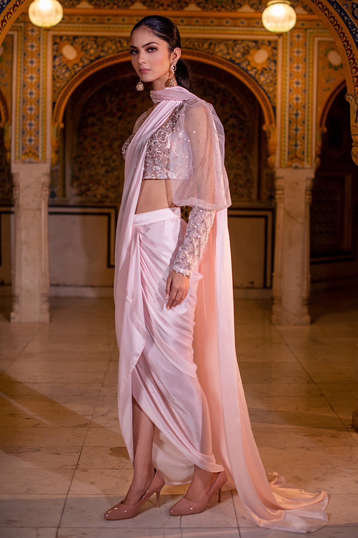 Blush Pink Silk Satin Drape Saree