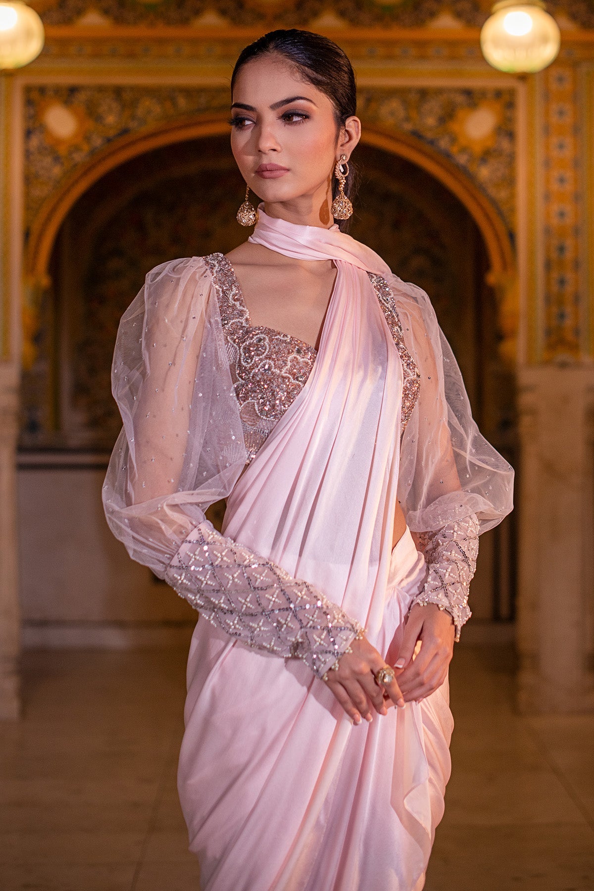 Blush Pink Silk Satin Drape Saree