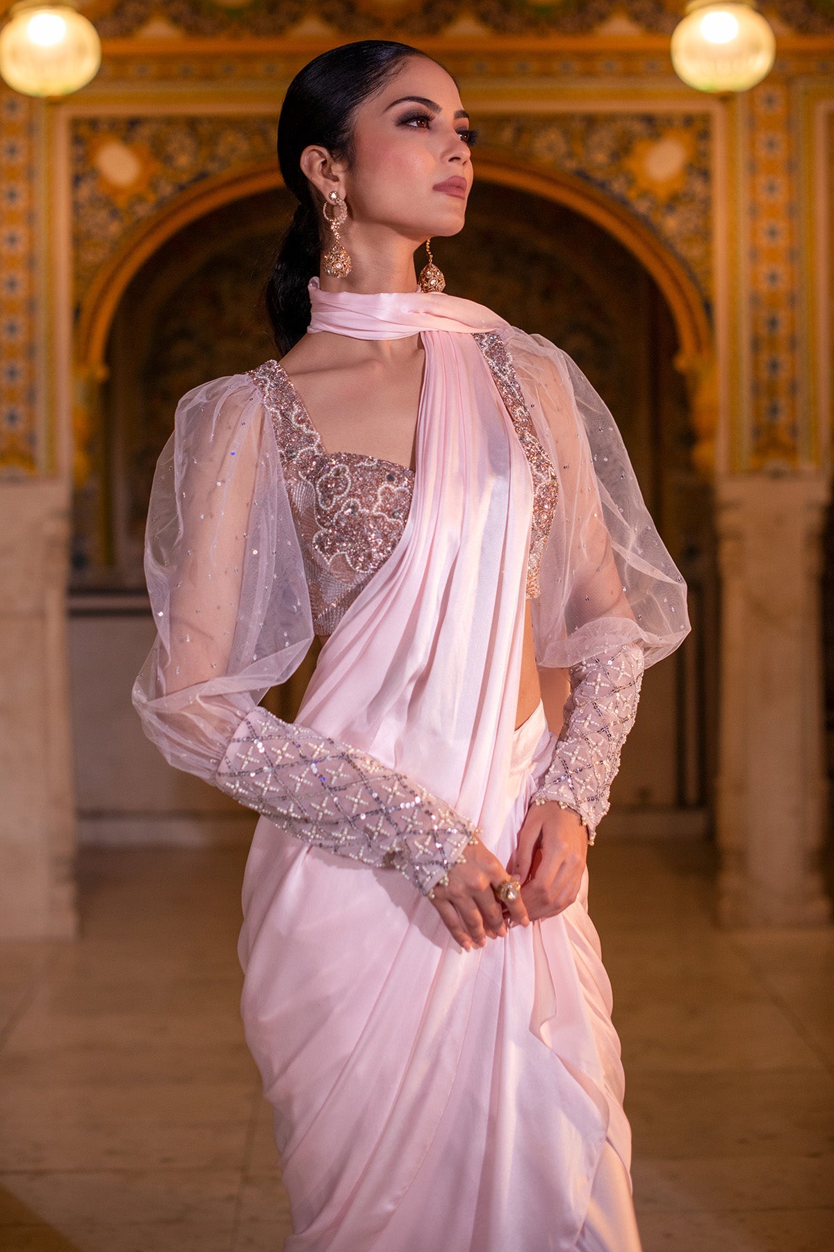 Blush Pink Silk Satin Drape Saree
