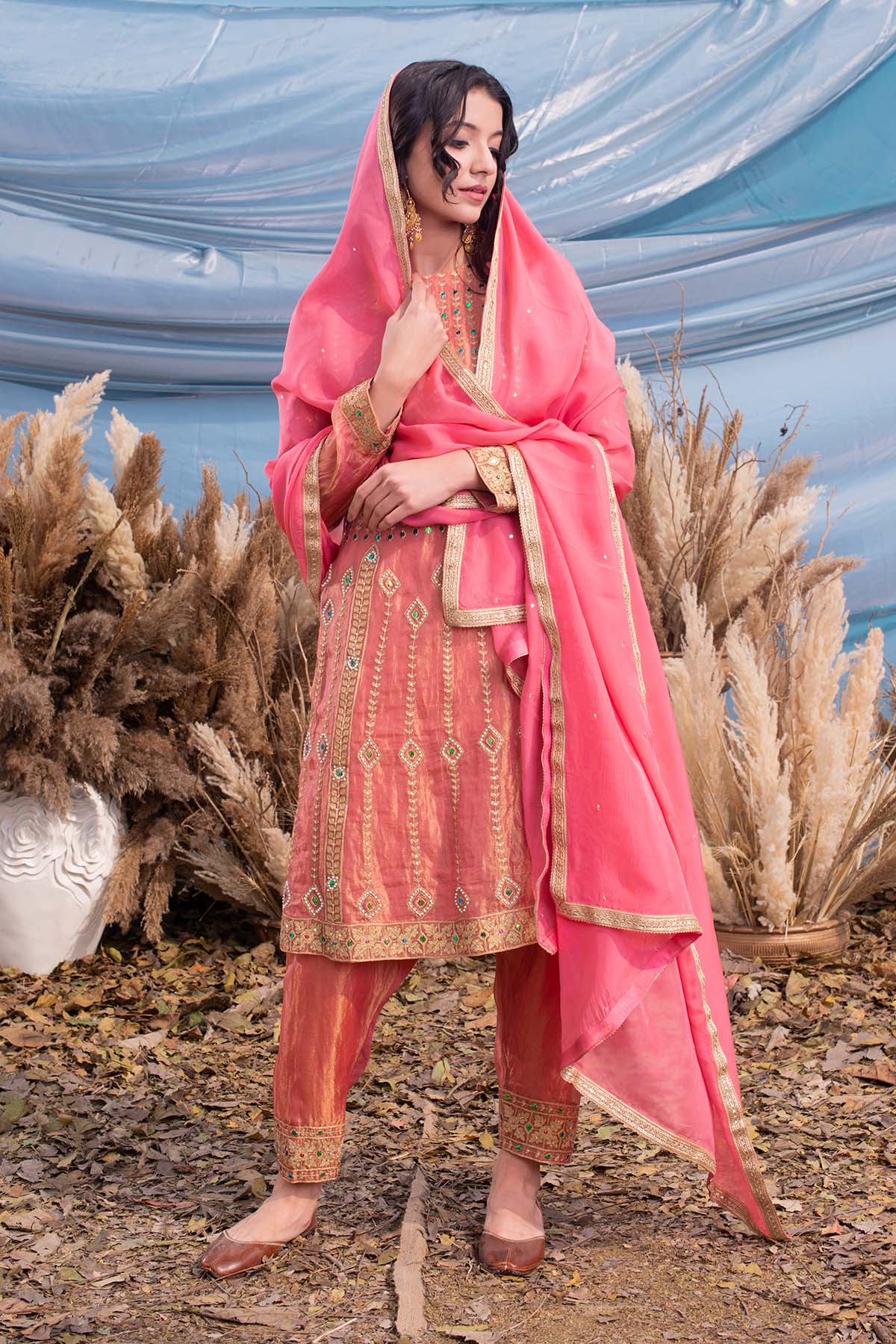 our Coral Pink Silk Tissue Kurti and Salwar