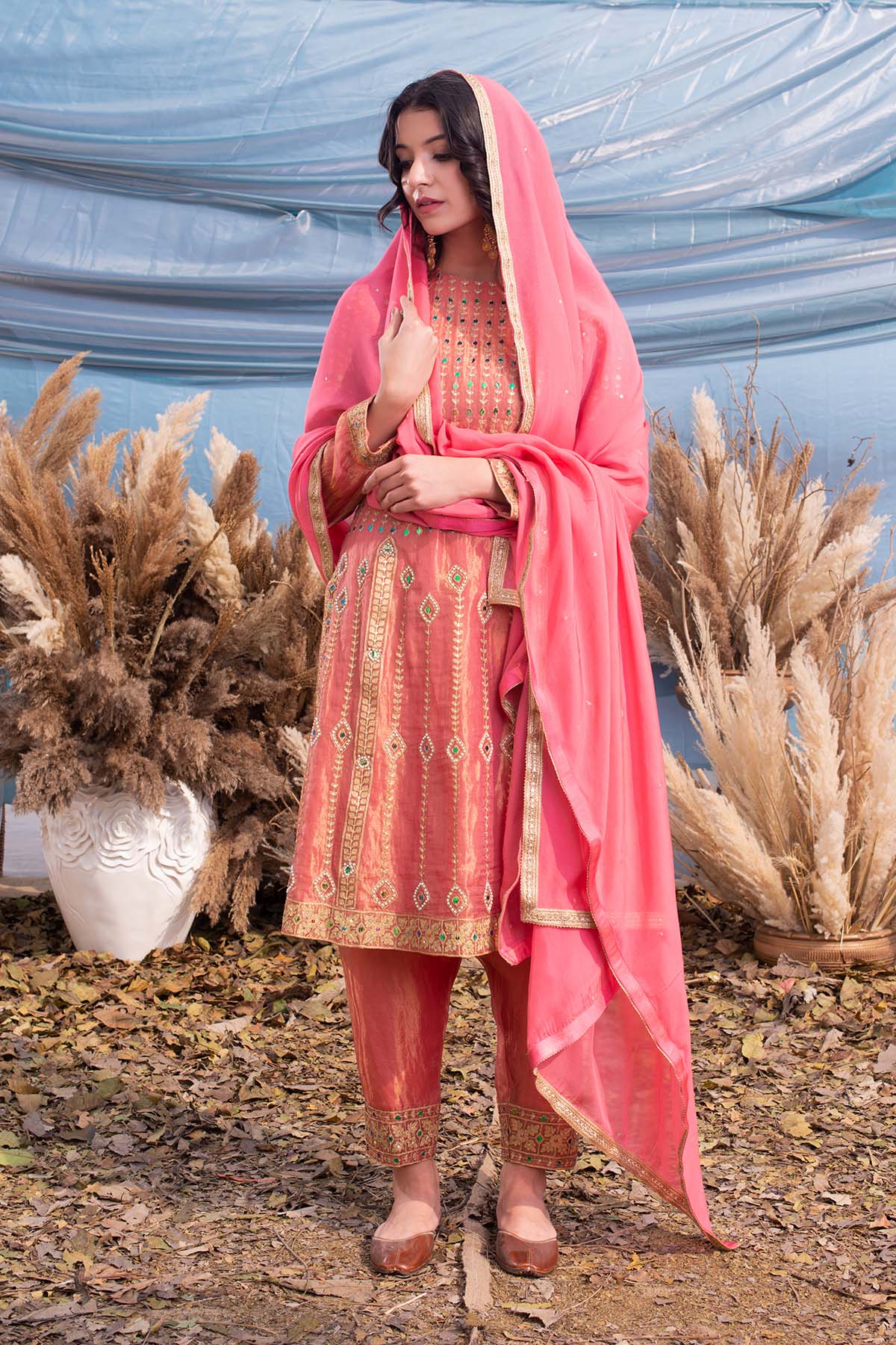our Coral Pink Silk Tissue Kurti and Salwar