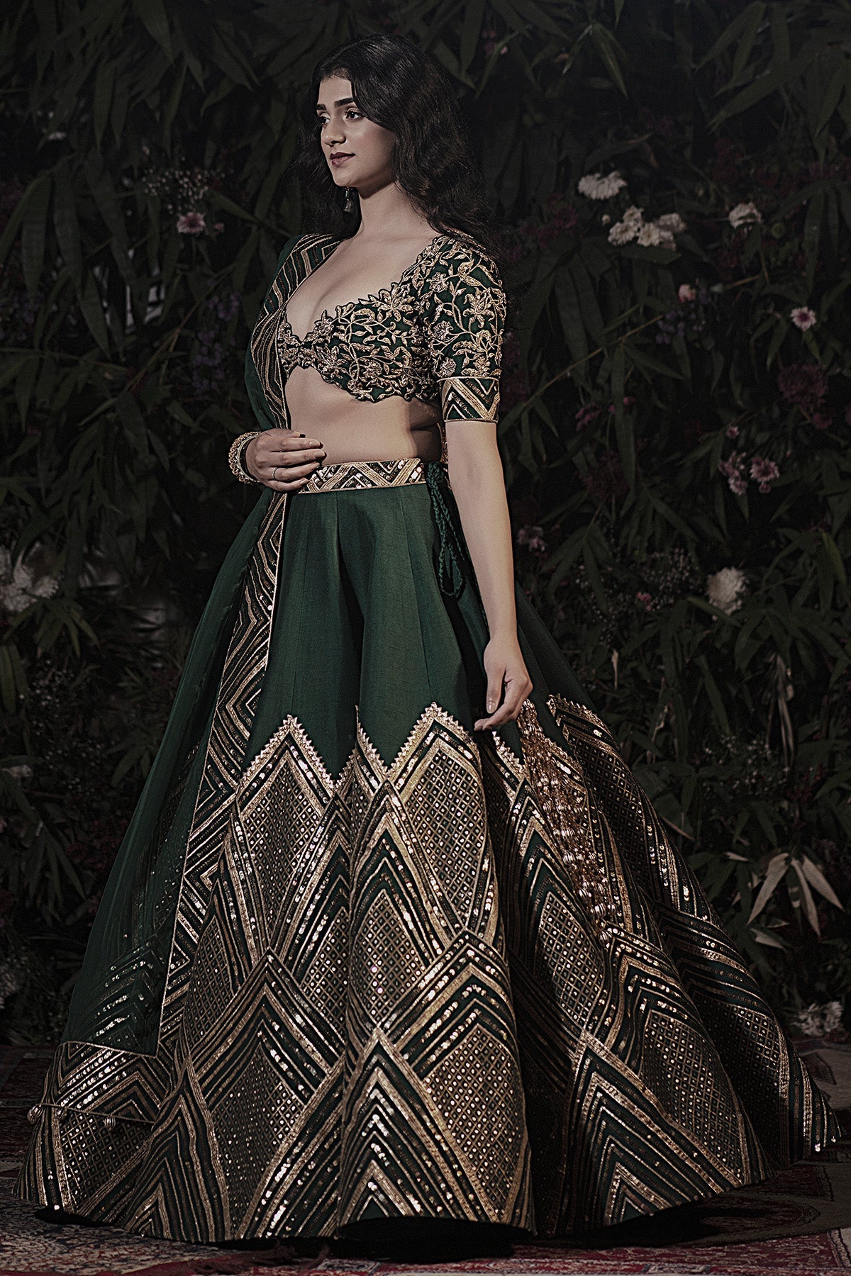 A emerald green raw silk lehenga