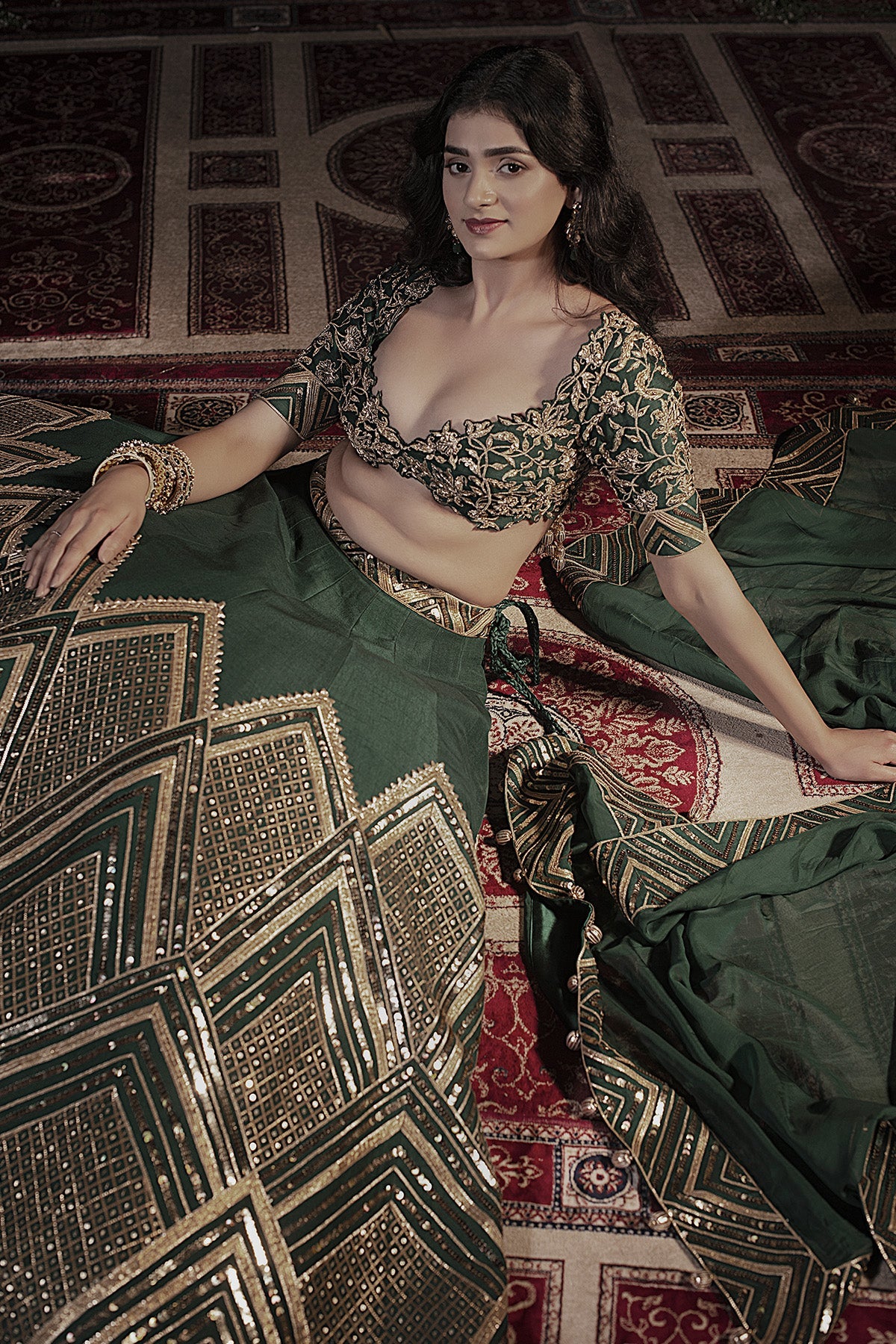 A emerald green raw silk lehenga