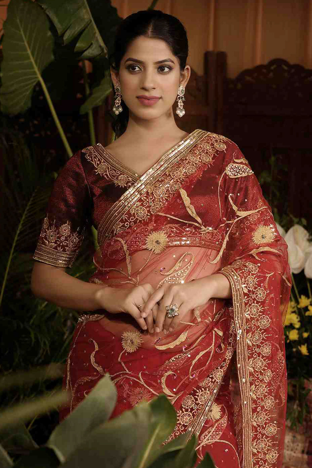 Maroon Tulle Saree