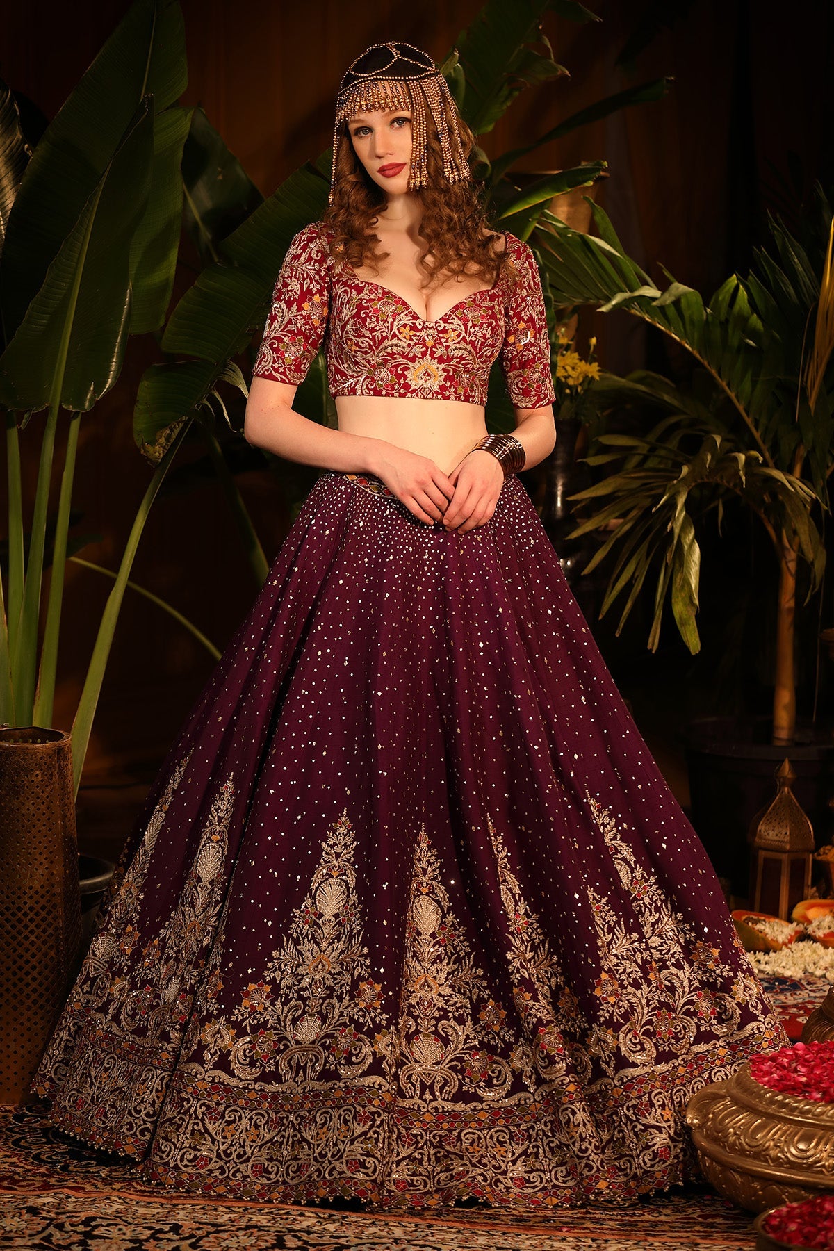 Our Purple And Cinnamon Red Raw Silk Lehenga