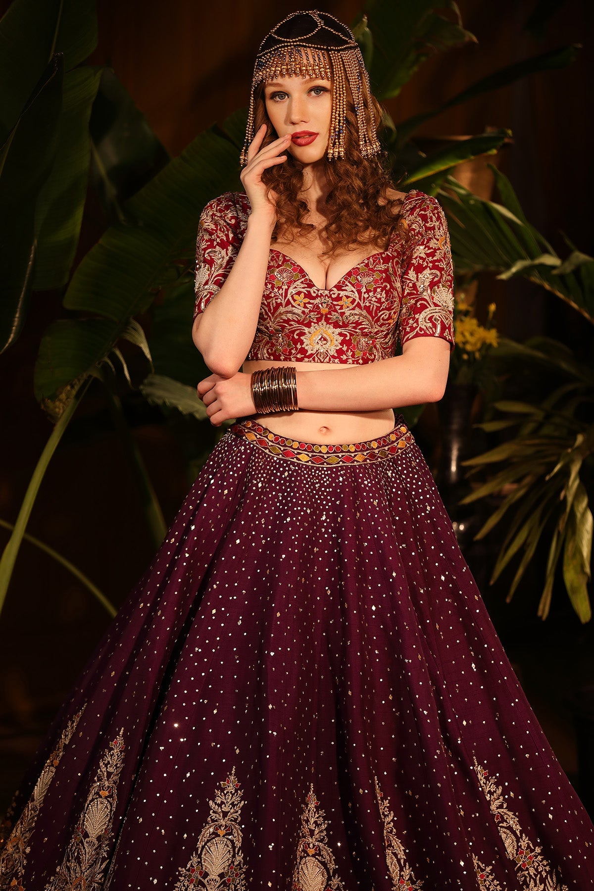 Our Purple And Cinnamon Red Raw Silk Lehenga