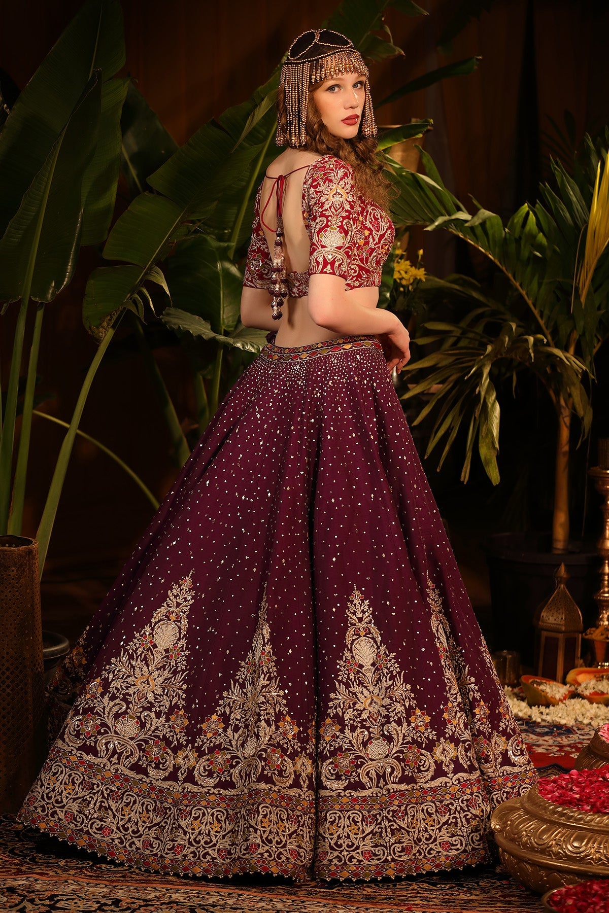 Our Purple And Cinnamon Red Raw Silk Lehenga