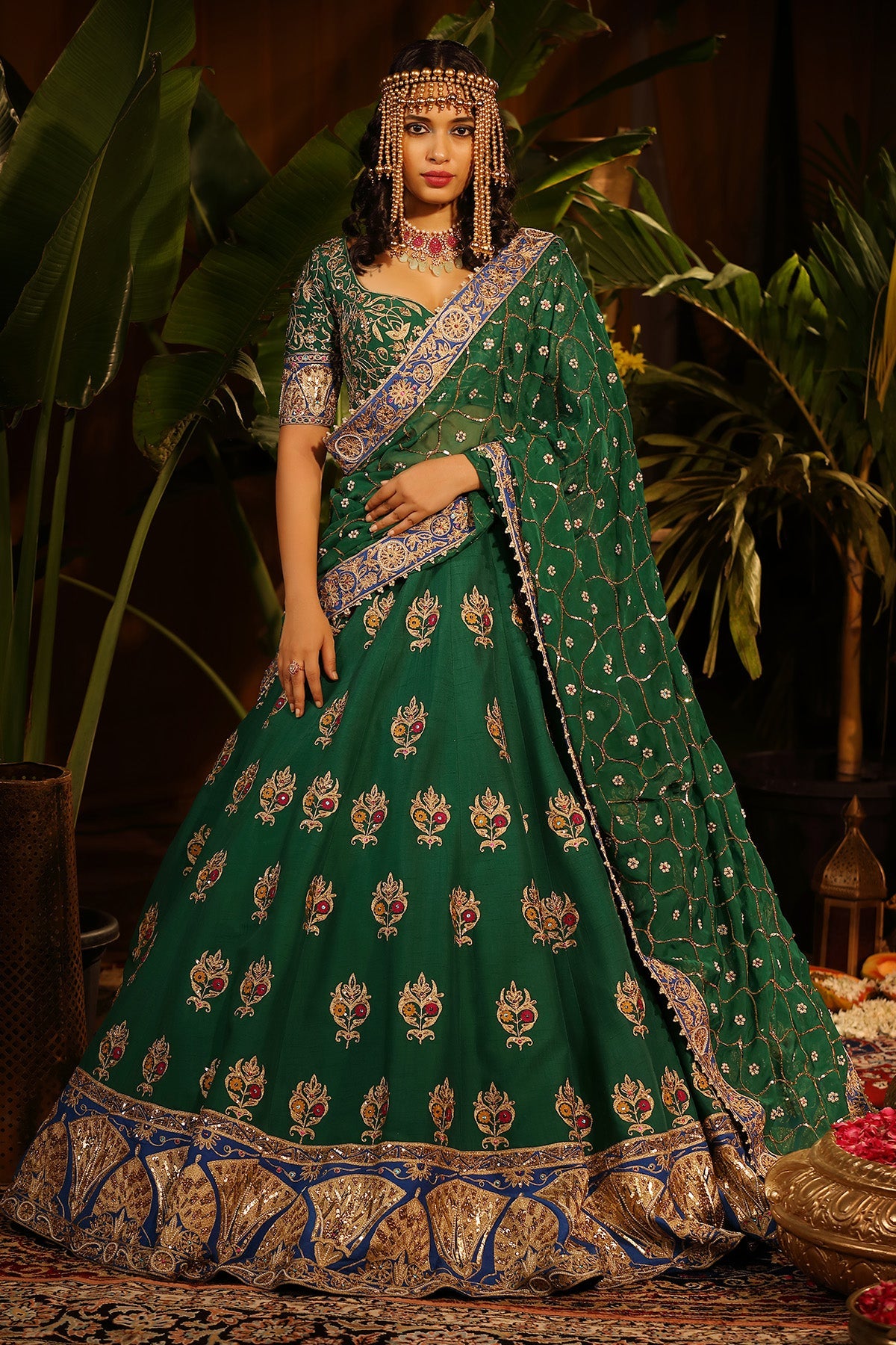 Our Mesmerizing Emerald Green Raw Silk Lehenga