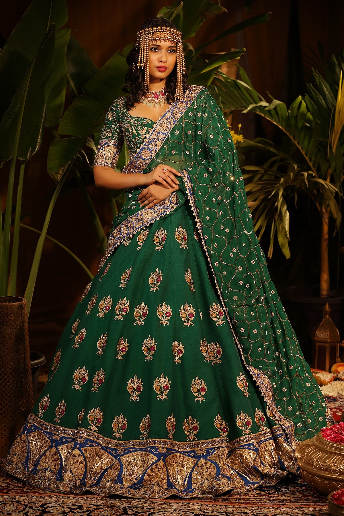 Our Mesmerizing Emerald Green Raw Silk Lehenga