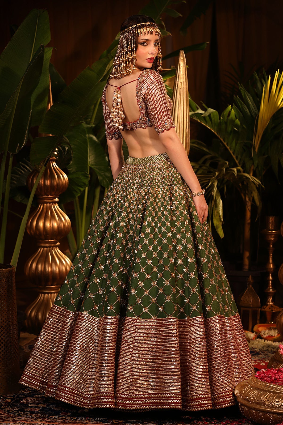 Our Exquisite Green And Maroon Raw Silk Lehenga