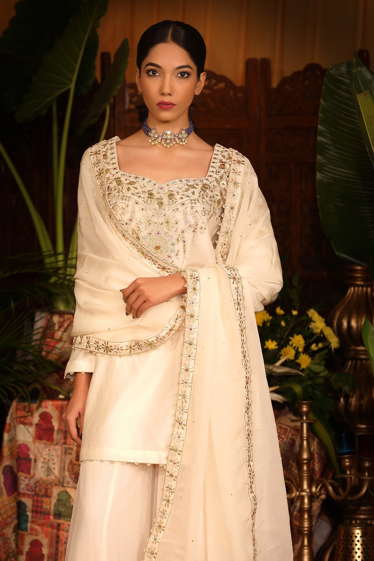 Ivory Chanderi Kurti And Georgette Sharara Set