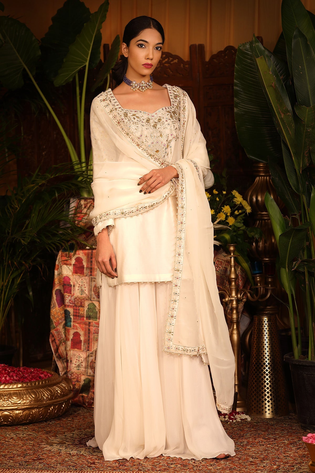 Ivory Chanderi Kurti And Georgette Sharara Set