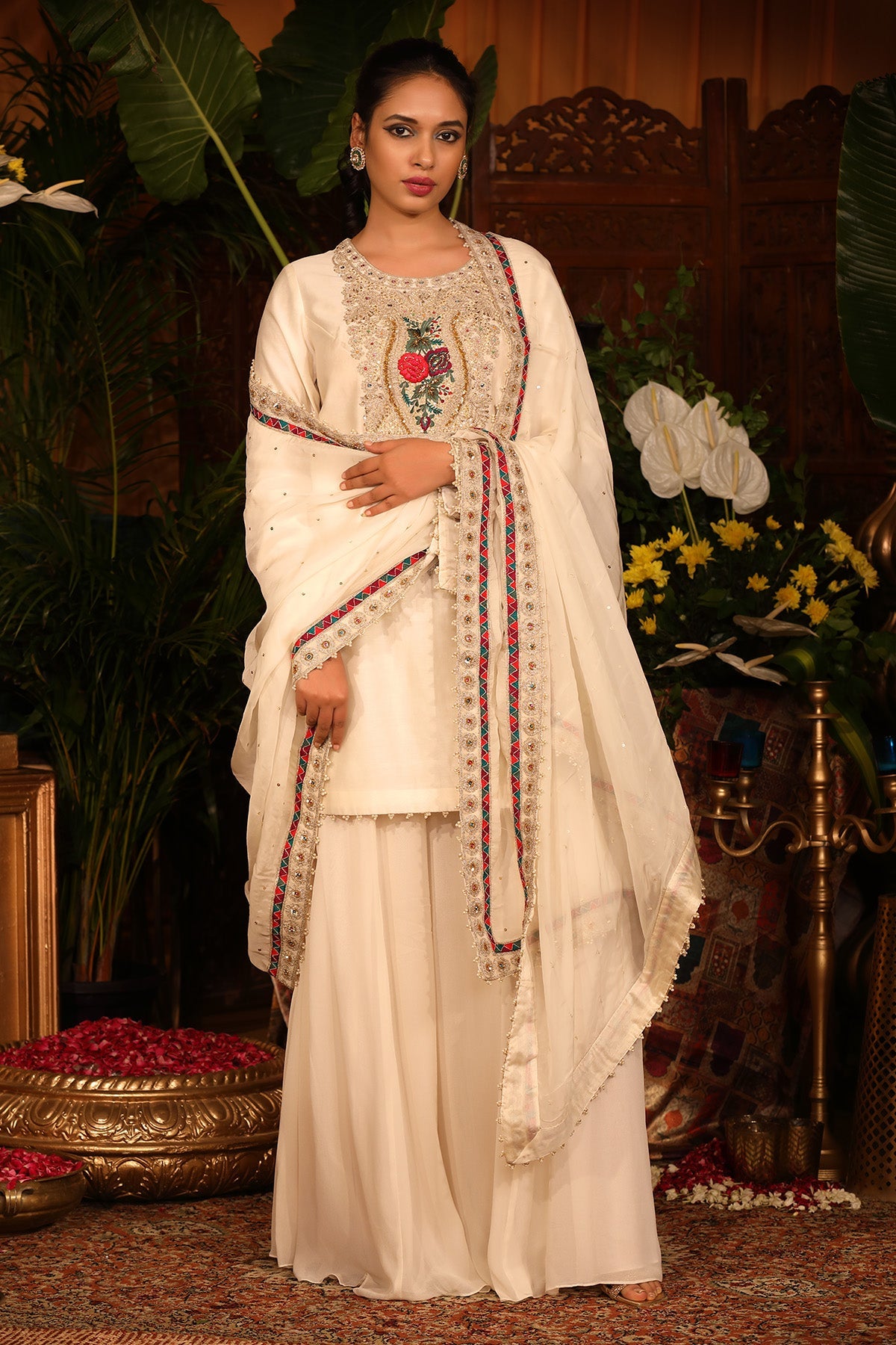 Ivory Chanderi Kurti And Georgette Sharara Set