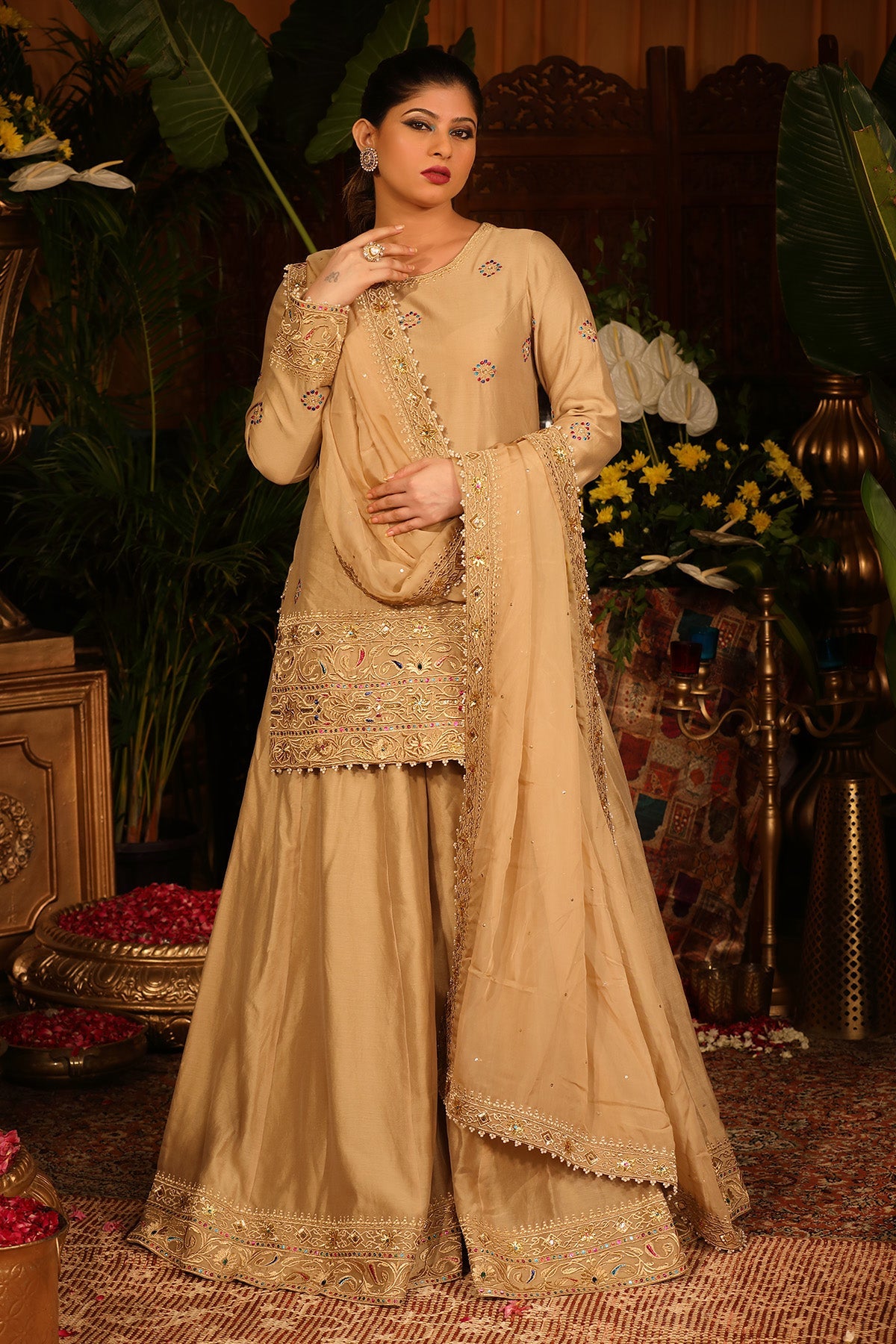 Gold Chanderi Kurti Sharara Set With Organza Dupatta