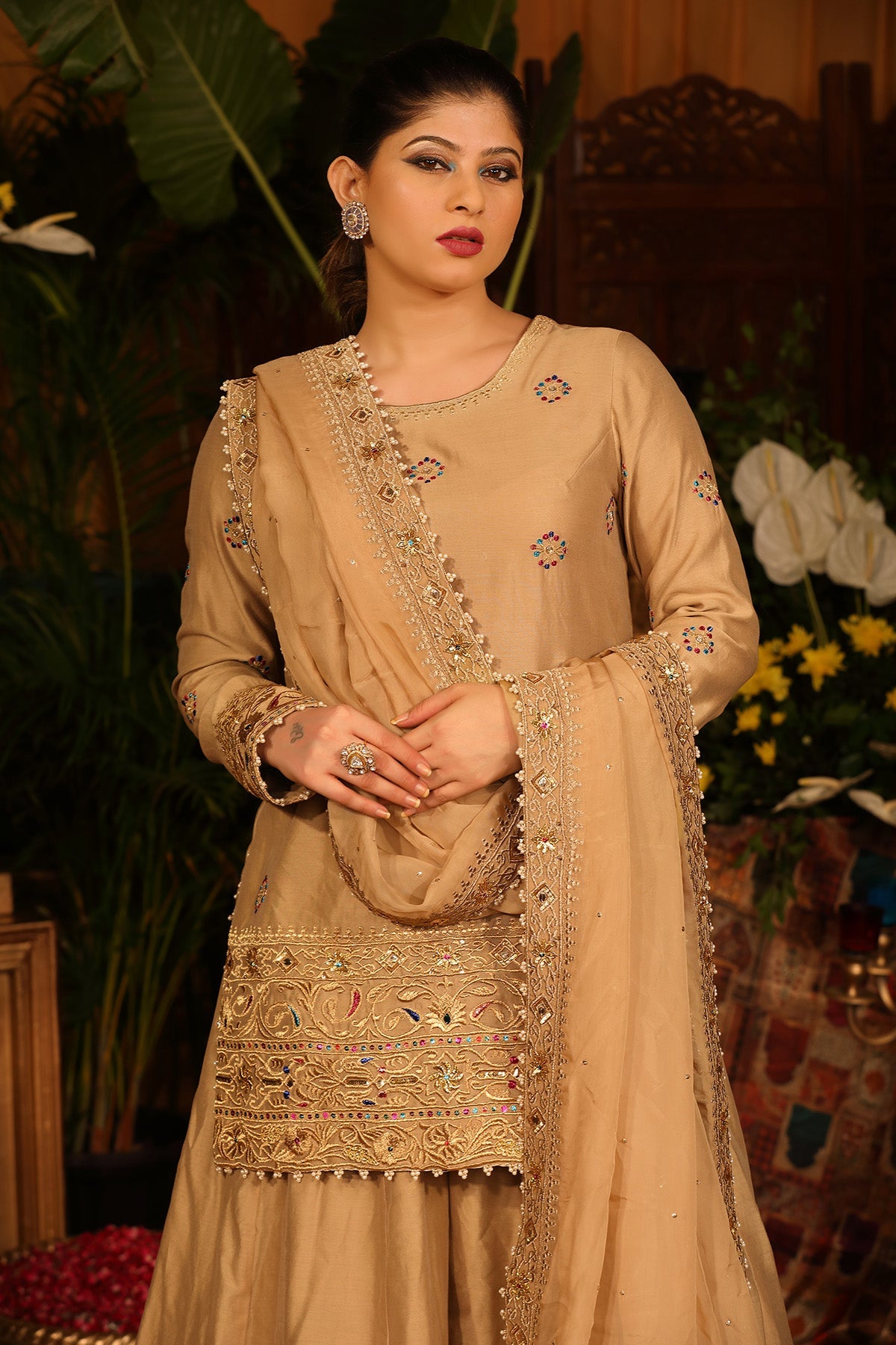 Gold Chanderi Kurti Sharara Set With Organza Dupatta