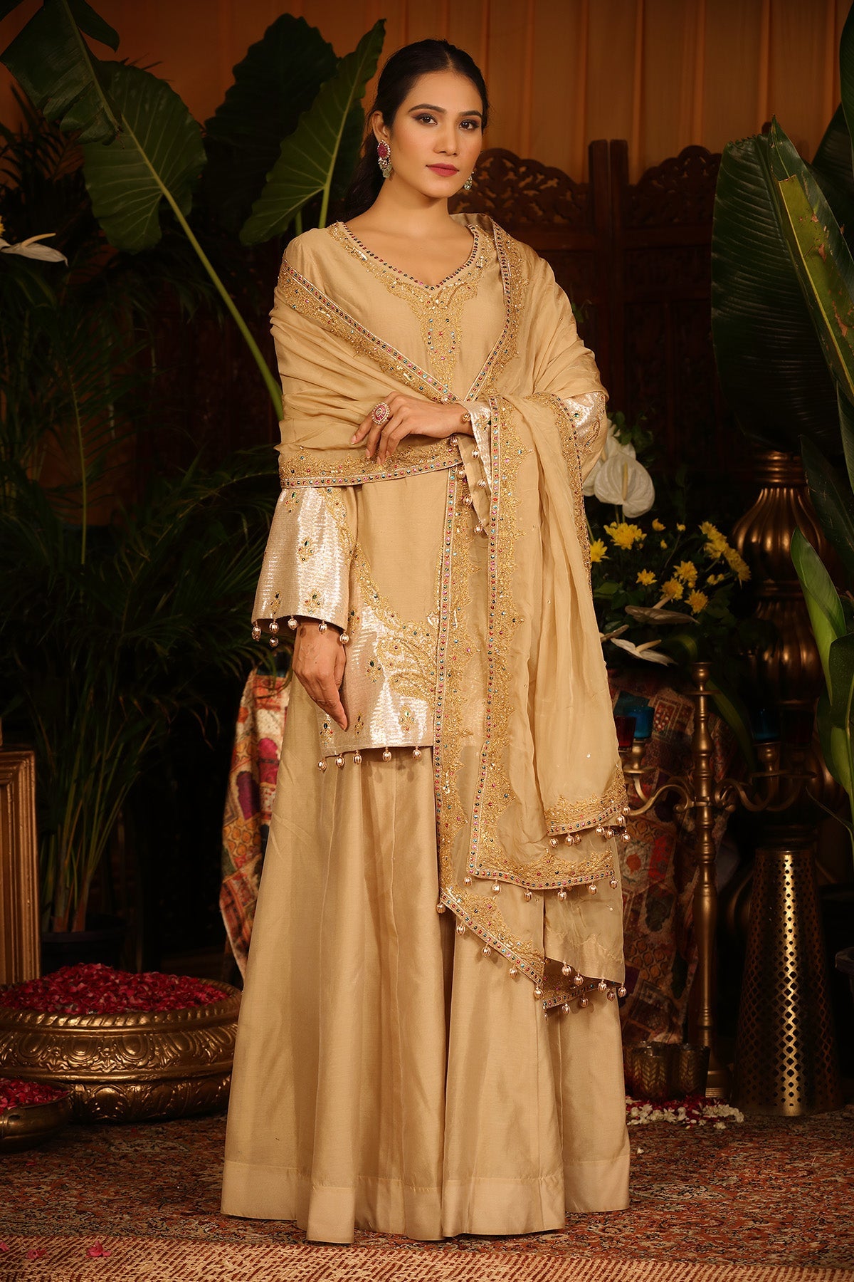 Gold Chanderi Kurti Sharara Set With Sheer Organza Dupatta