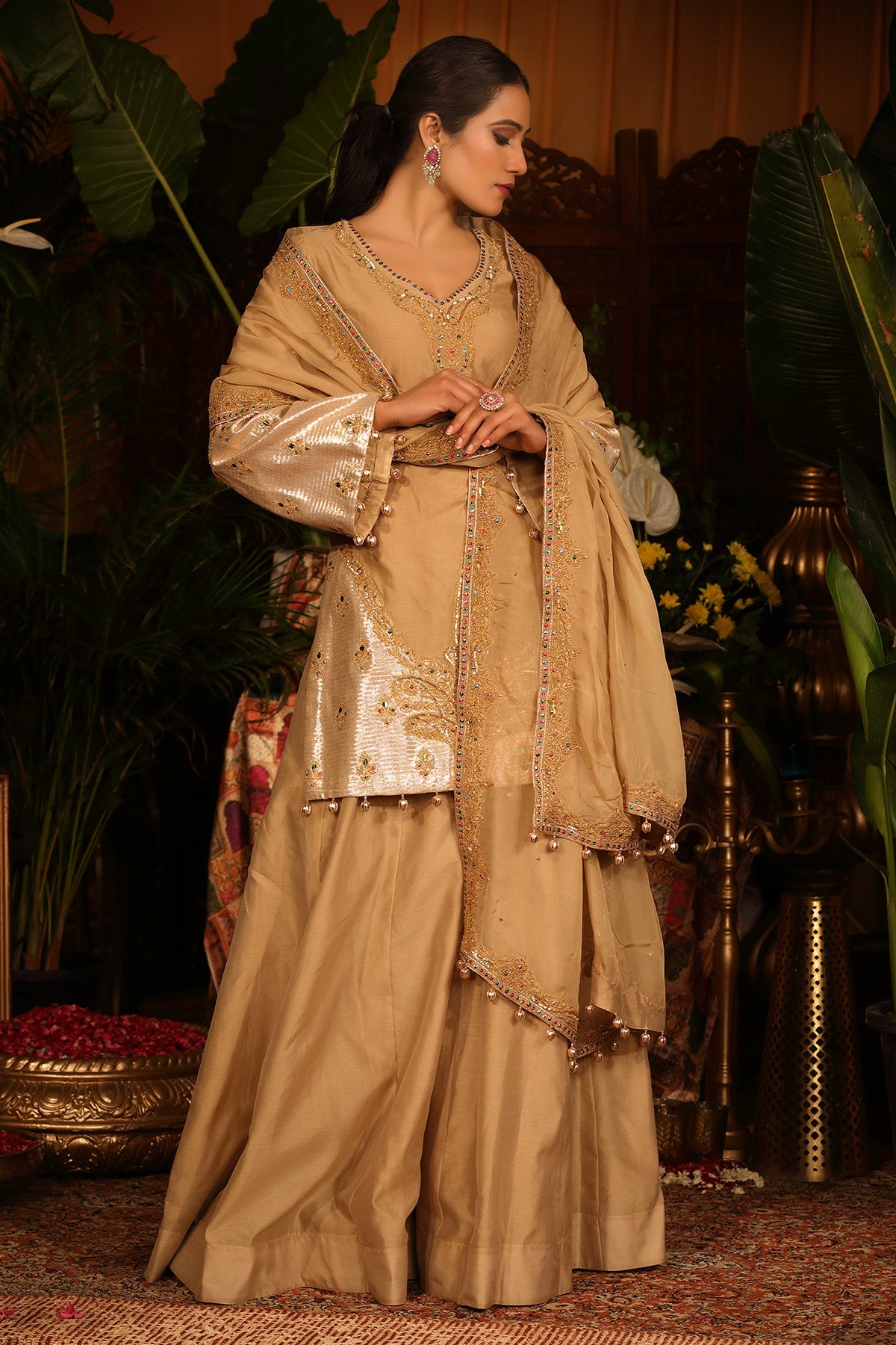 Gold Chanderi Kurti Sharara Set With Sheer Organza Dupatta