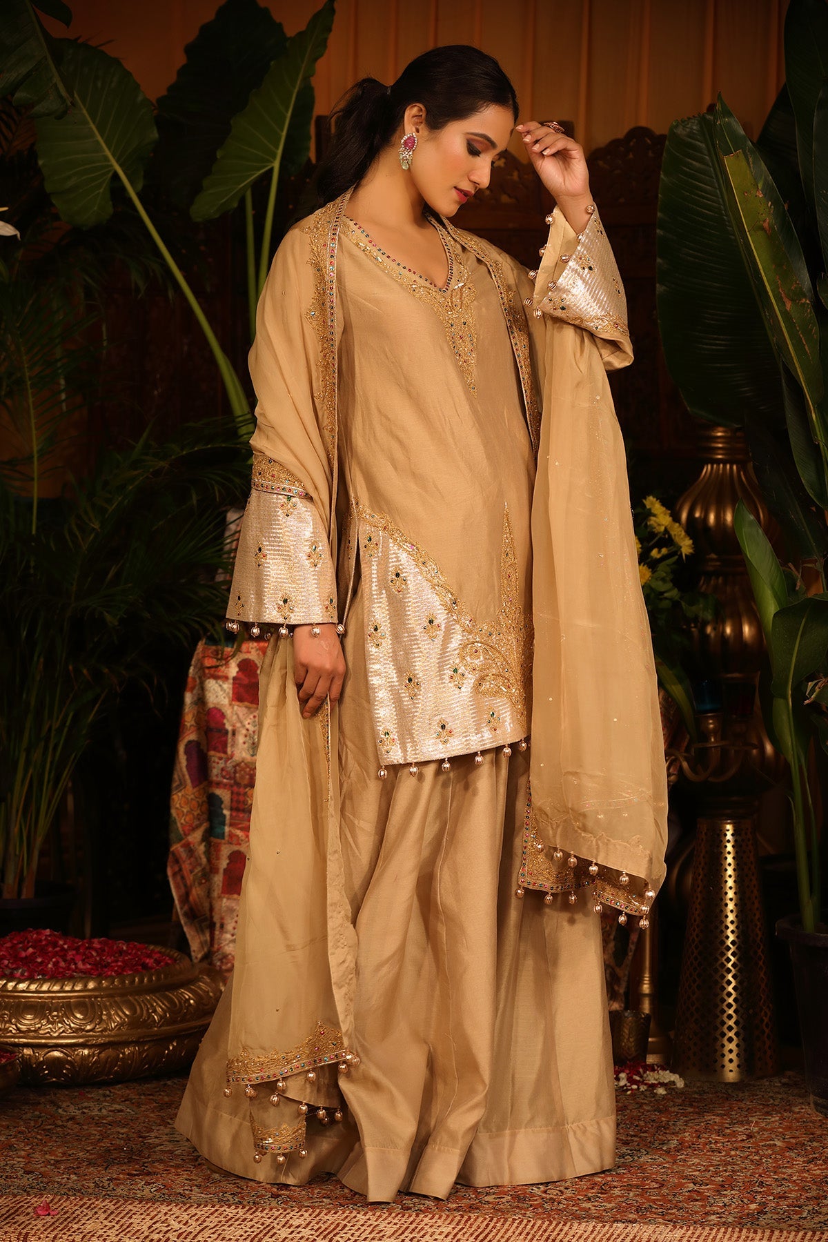 Gold Chanderi Kurti Sharara Set With Sheer Organza Dupatta