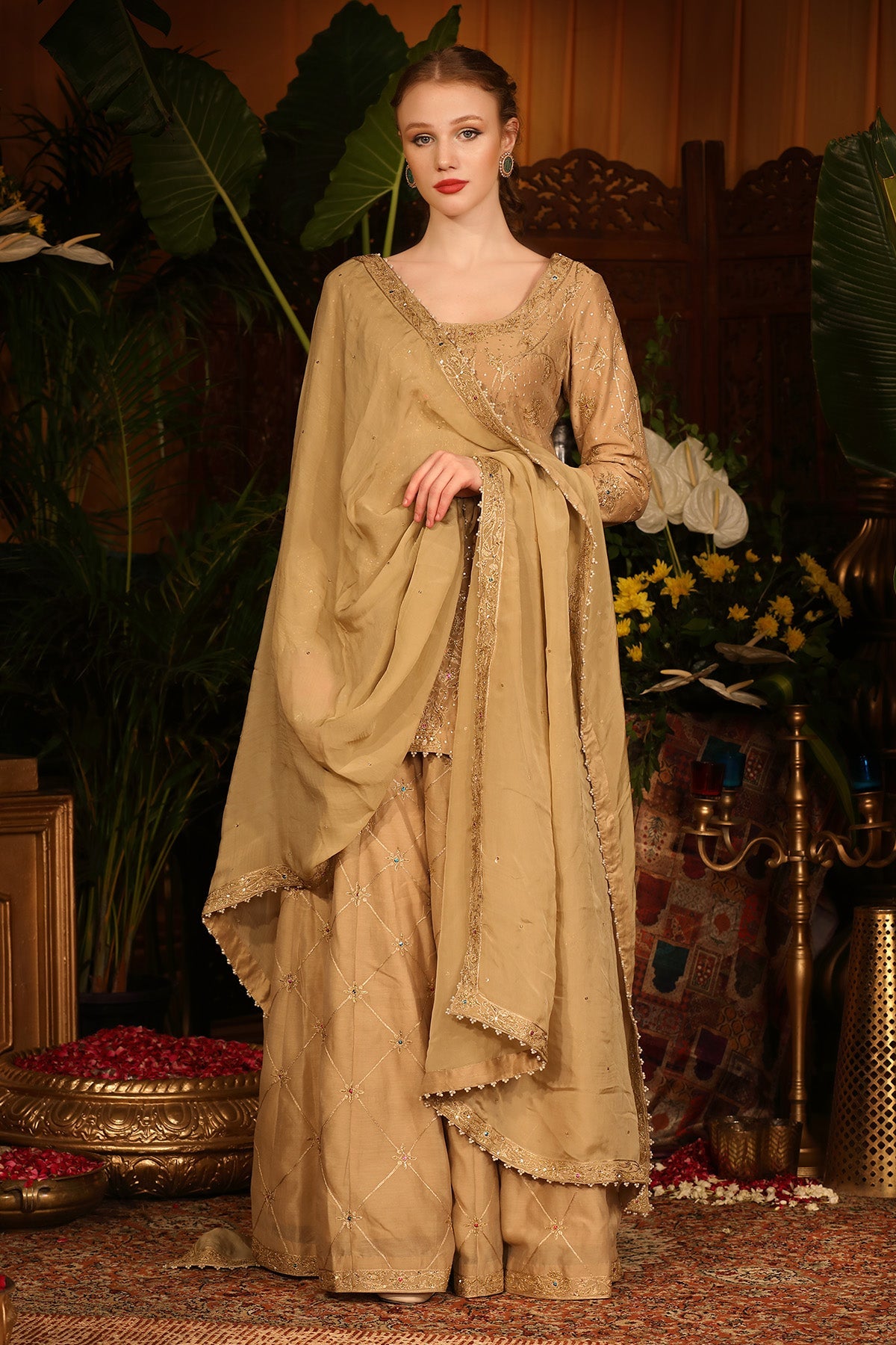 Gold Chanderi Kurti And Sharara Set With Organza Dupatta