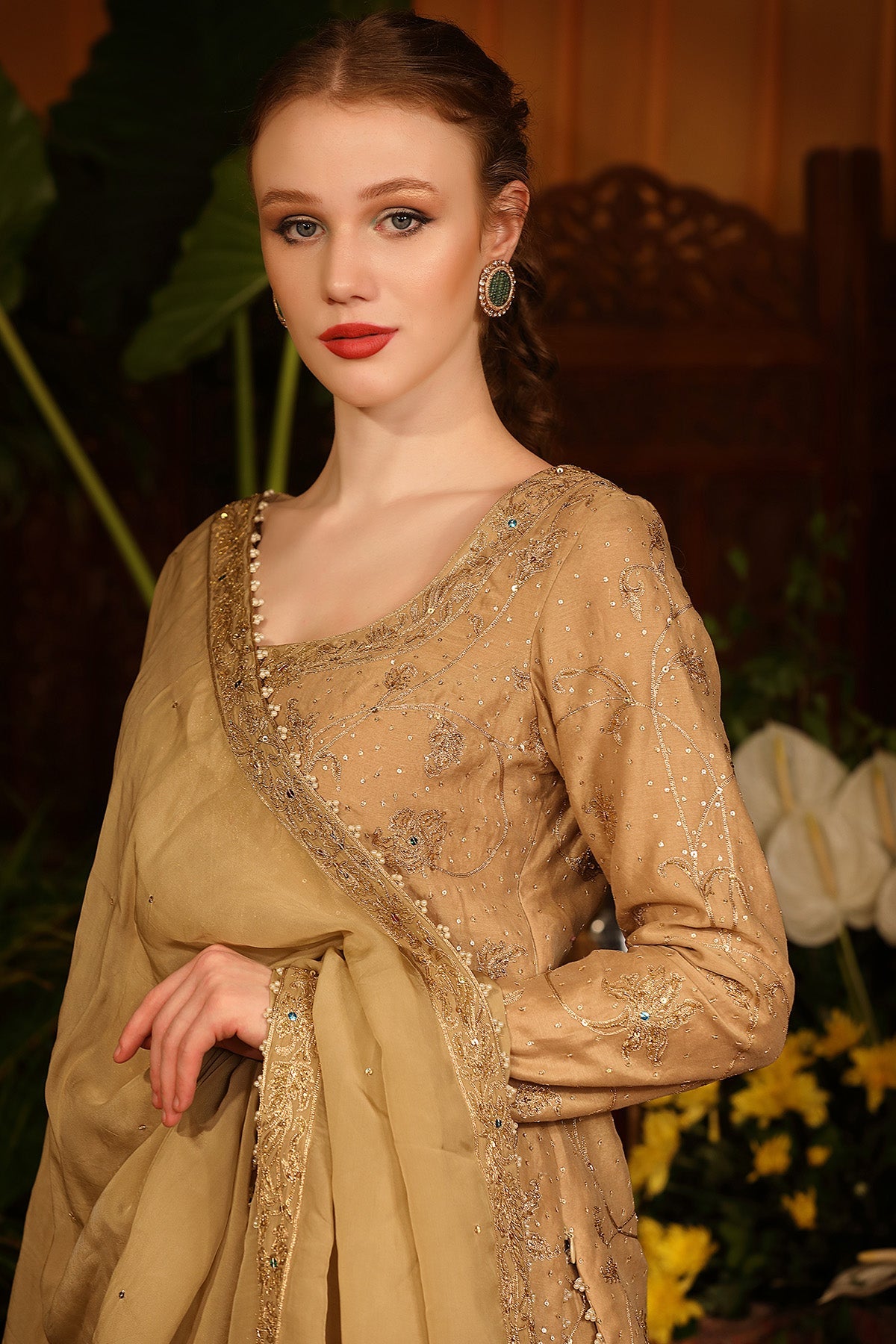 Gold Chanderi Kurti And Sharara Set With Organza Dupatta