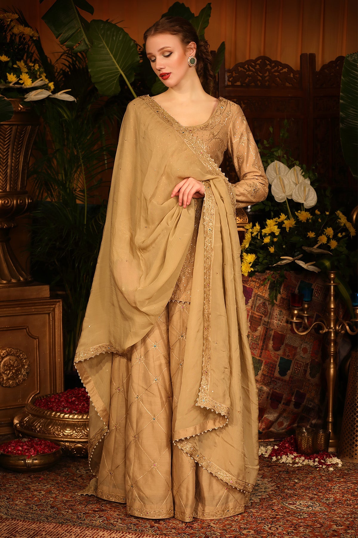 Gold Chanderi Kurti And Sharara Set With Organza Dupatta