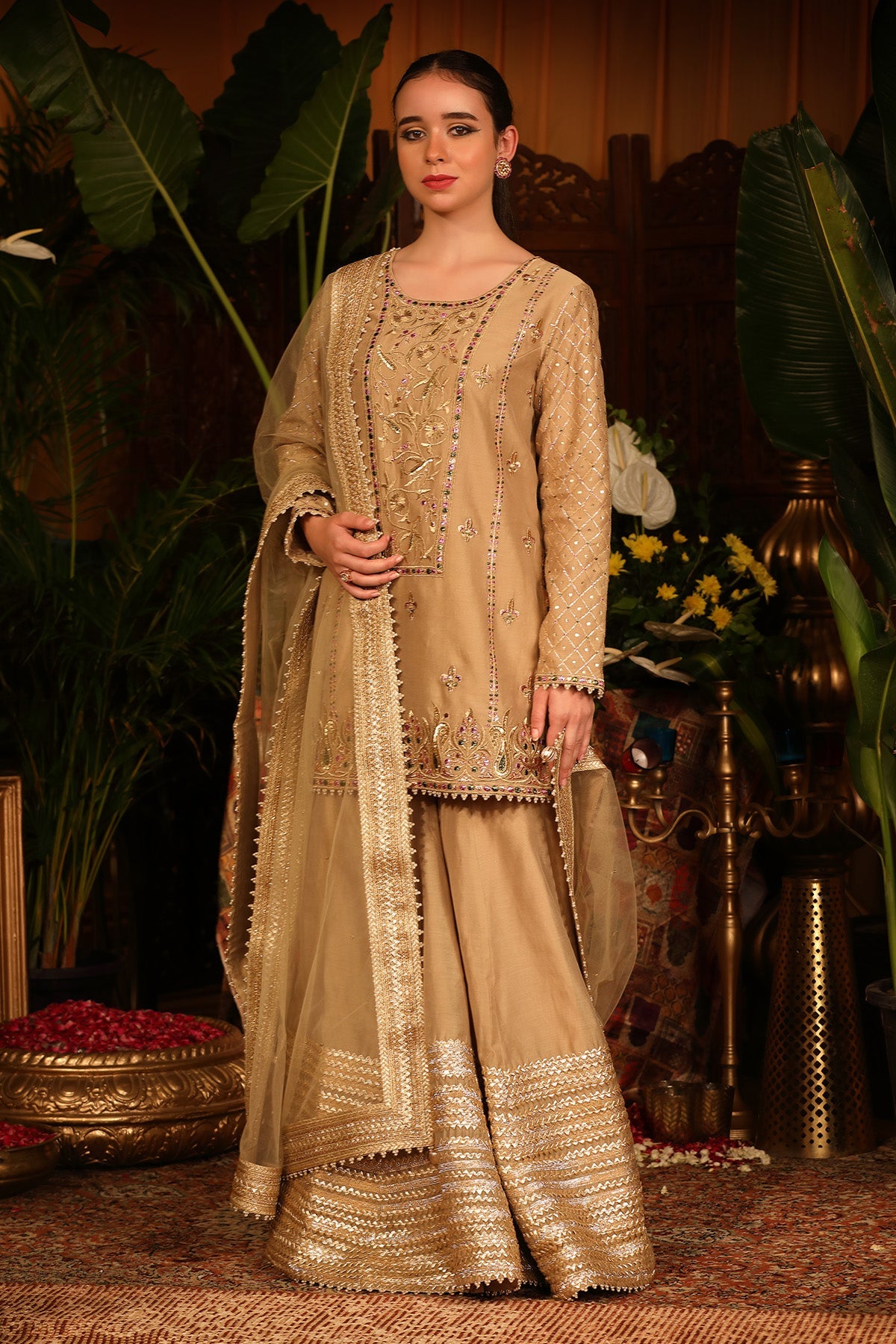 Gold Chanderi Kurti Gharara Set With Gota Work