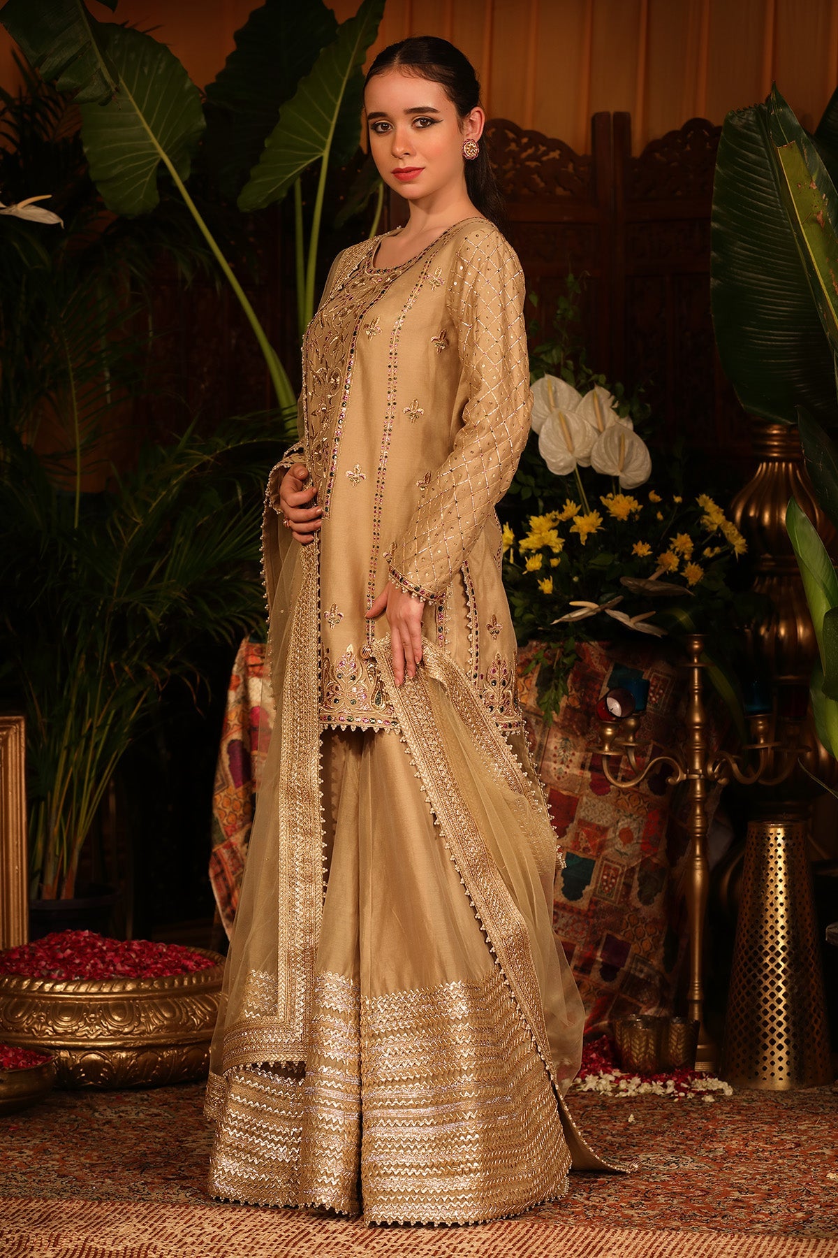 Gold Chanderi Kurti Gharara Set With Gota Work