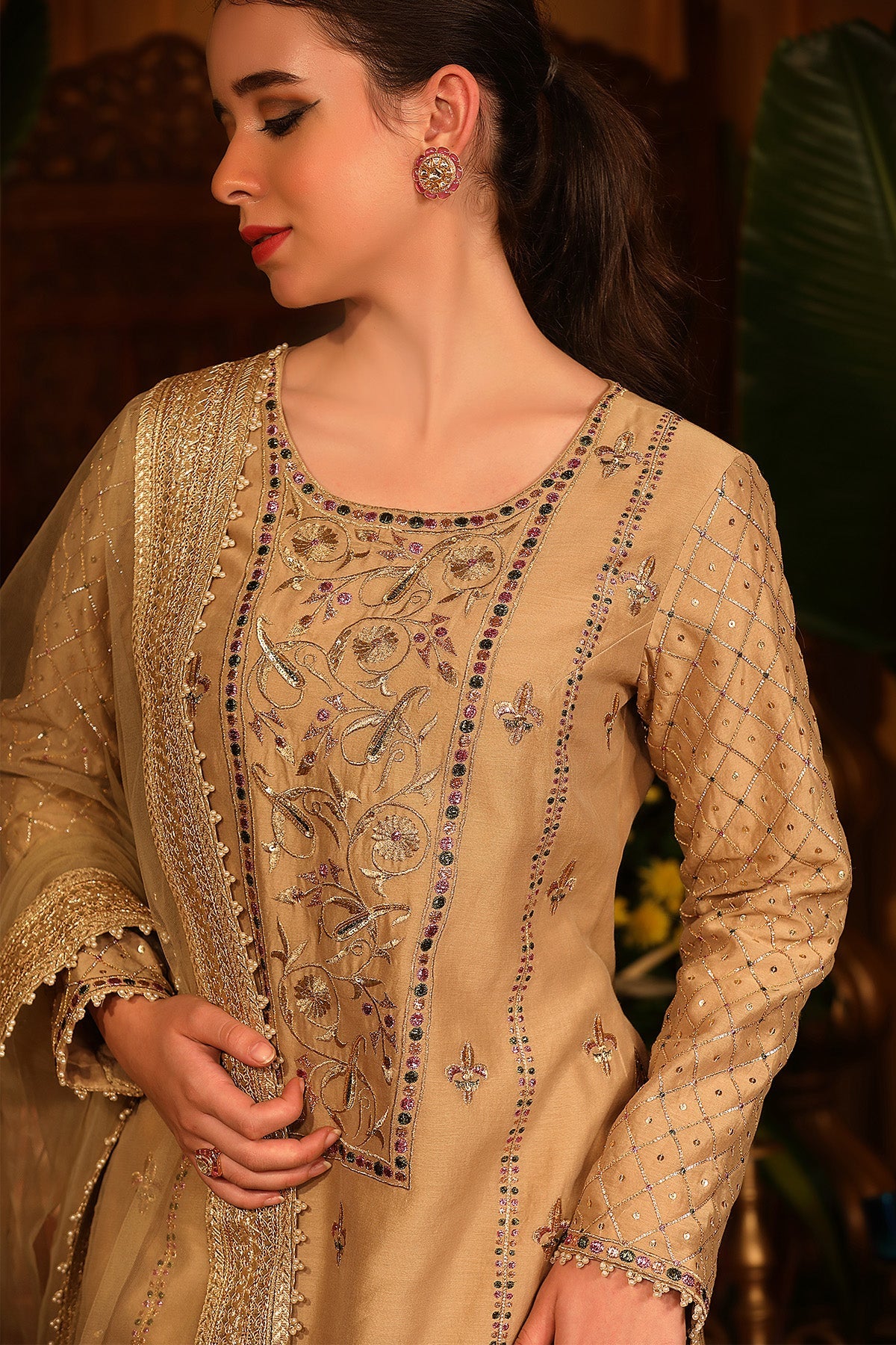 Gold Chanderi Kurti Gharara Set With Gota Work