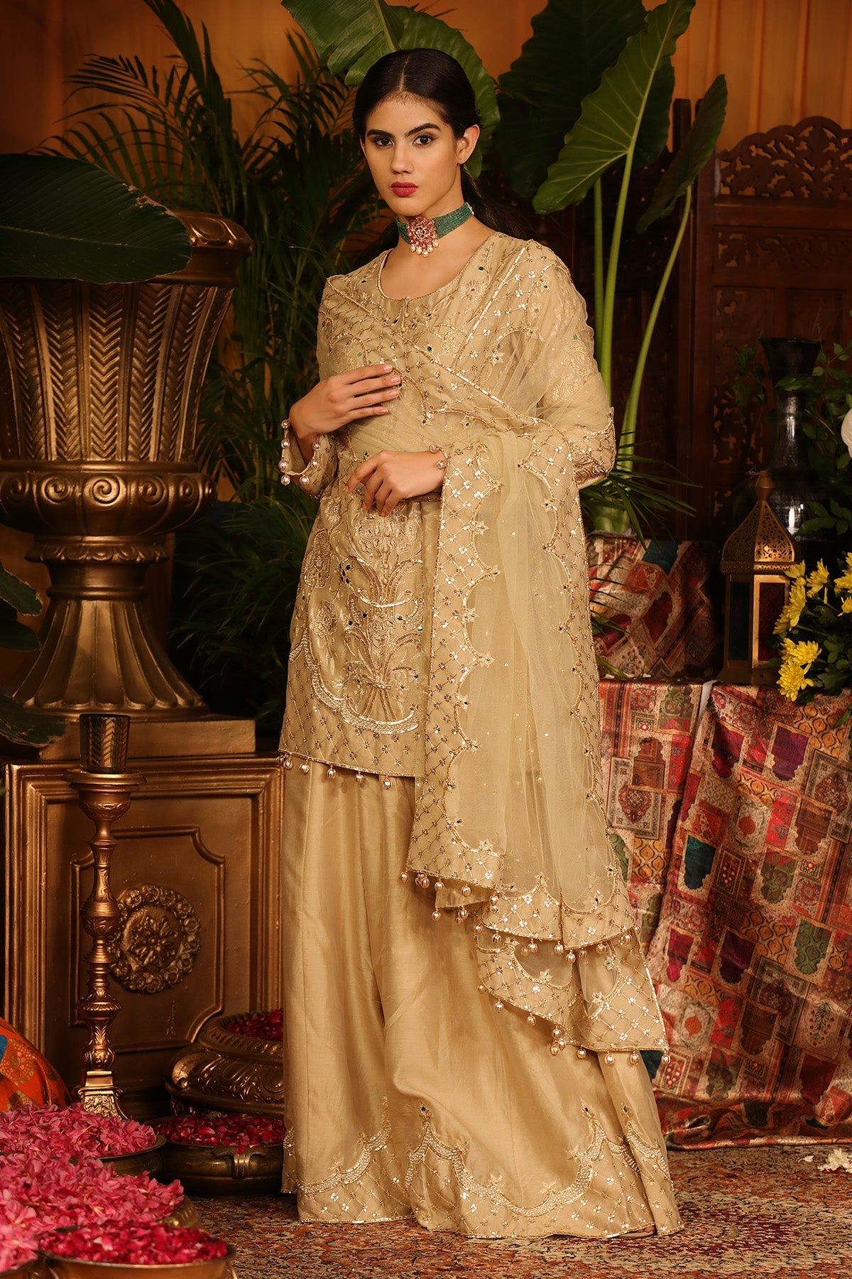 Gold Chanderi Kurti Sharara Set With Tulle Dupatta