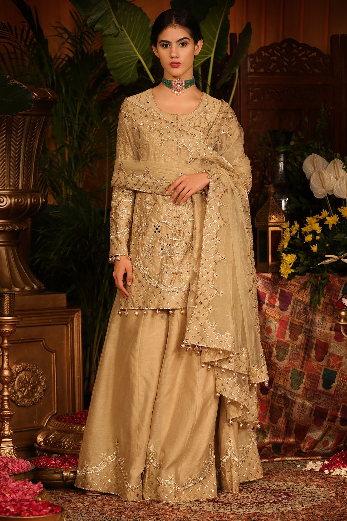 Gold Chanderi Kurti Sharara Set With Tulle Dupatta