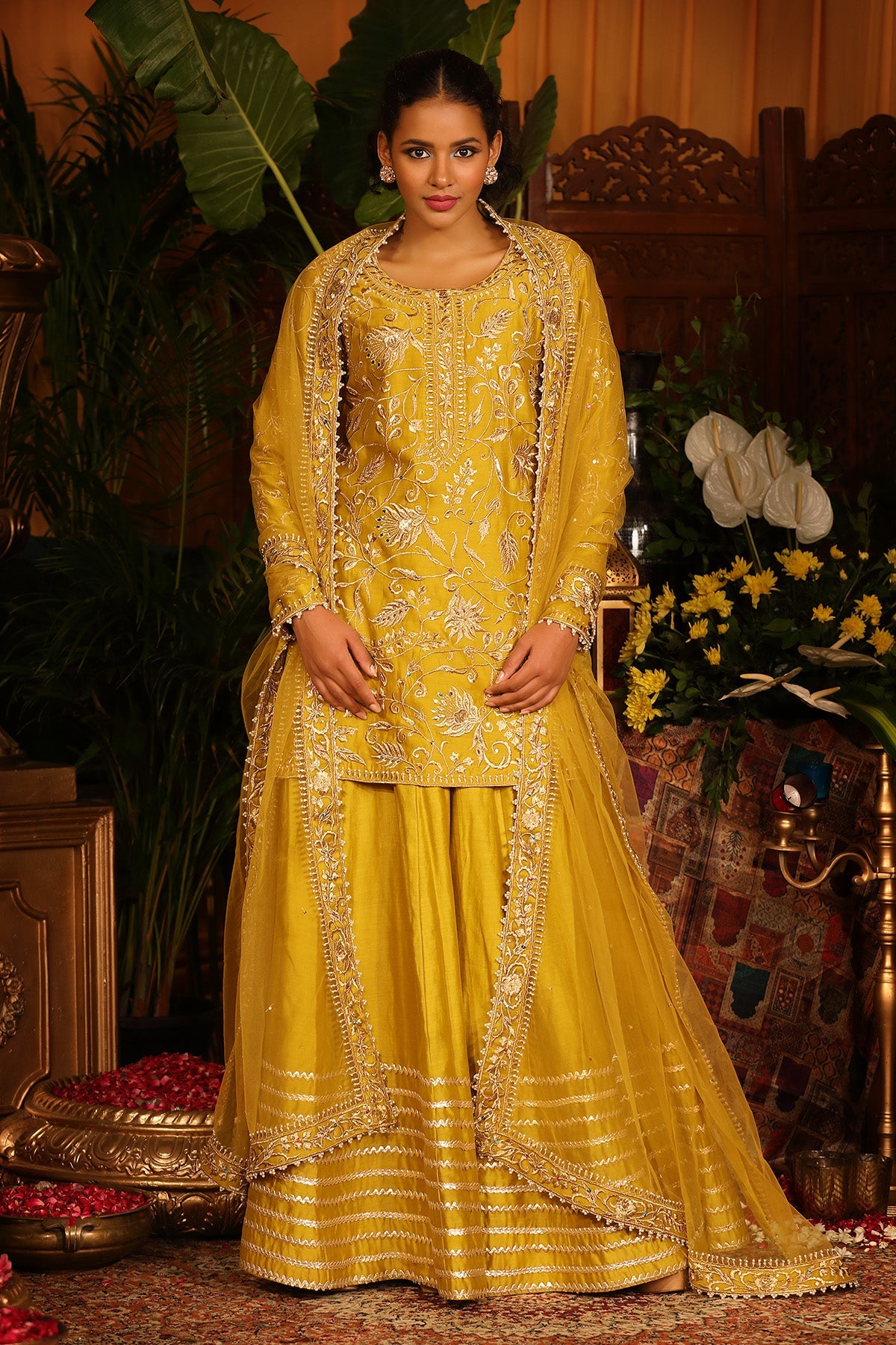 Yellow Chanderi Kurti Sharara Set With Tulle Dupatta.