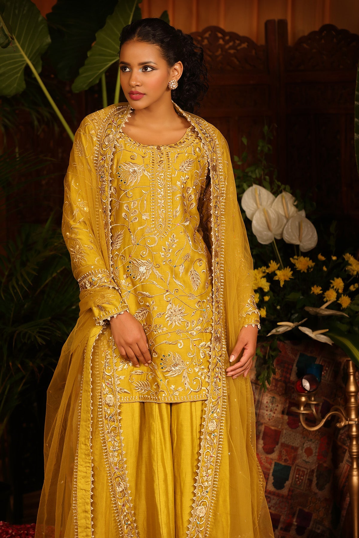 Yellow Chanderi Kurti Sharara Set With Tulle Dupatta.