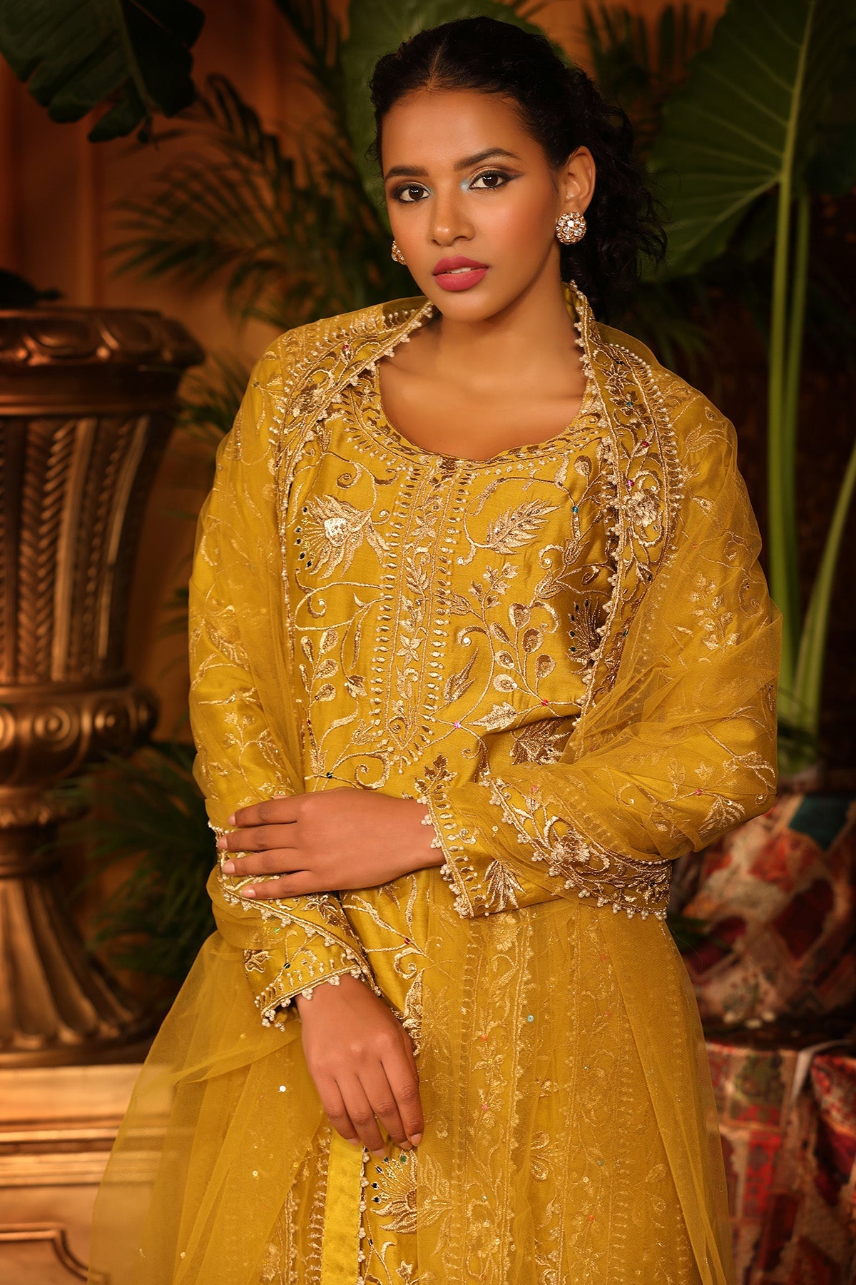 Yellow Chanderi Kurti Sharara Set With Tulle Dupatta.