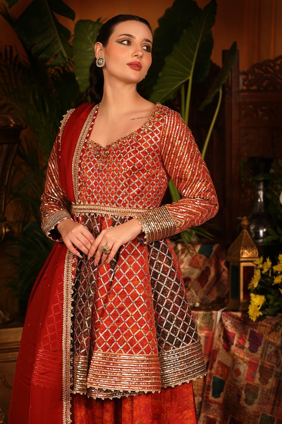 Maroon Printed Peplum And Sharara Set