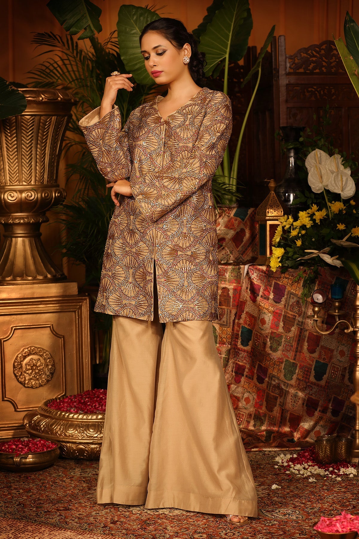 Gold Chanderi Kurti With Pants