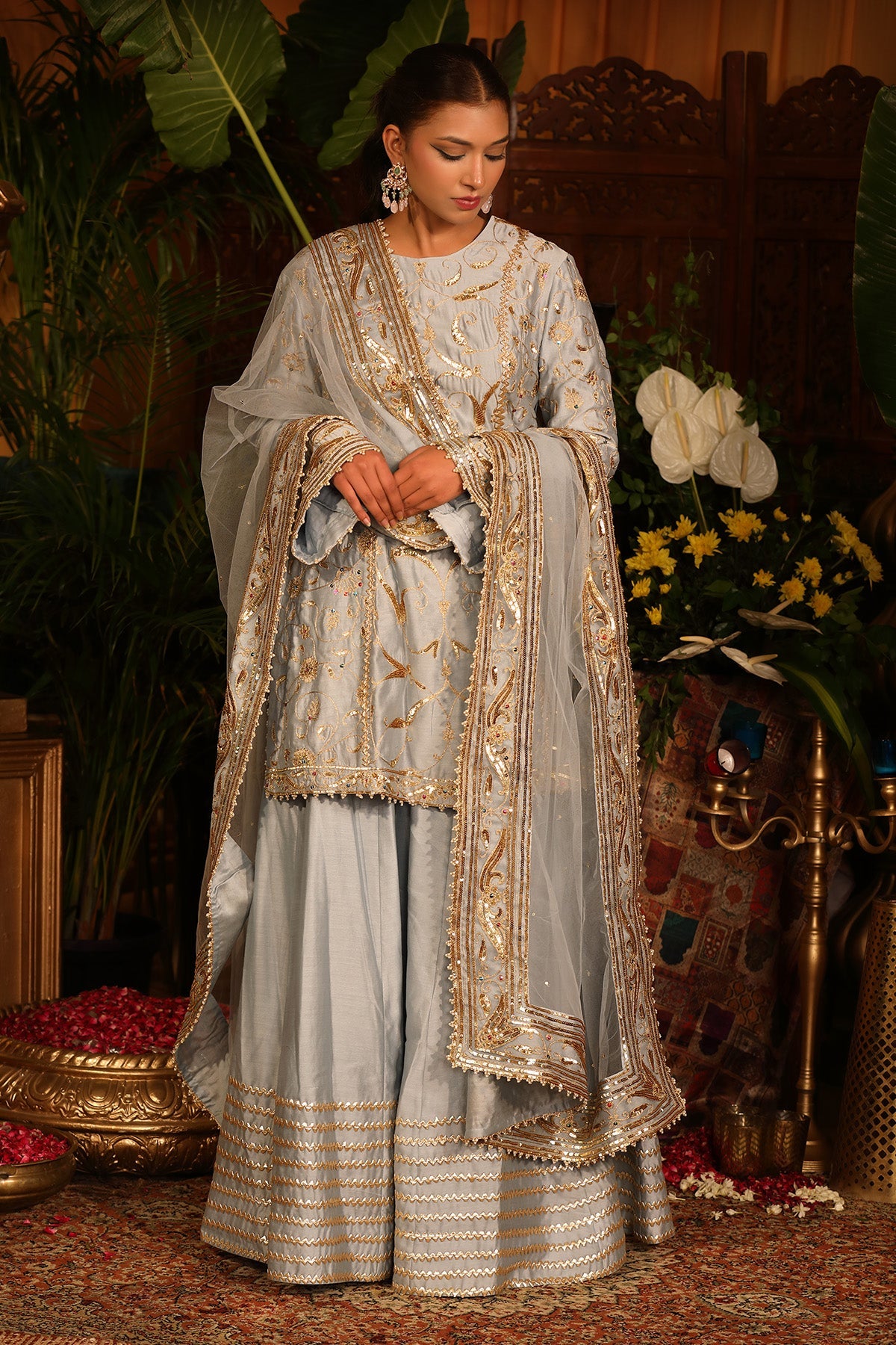 Grey Chanderi Kurti Sharara Set.