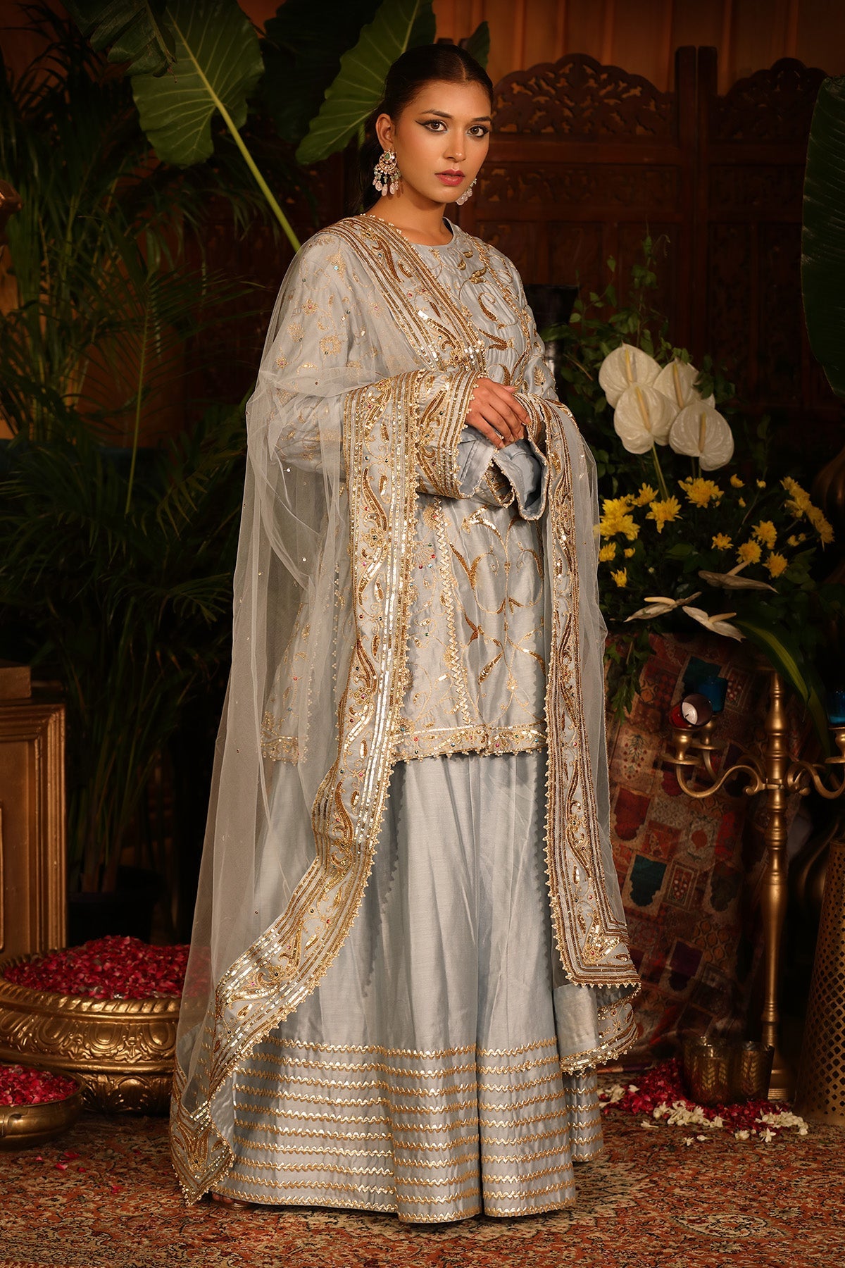 Grey Chanderi Kurti Sharara Set.