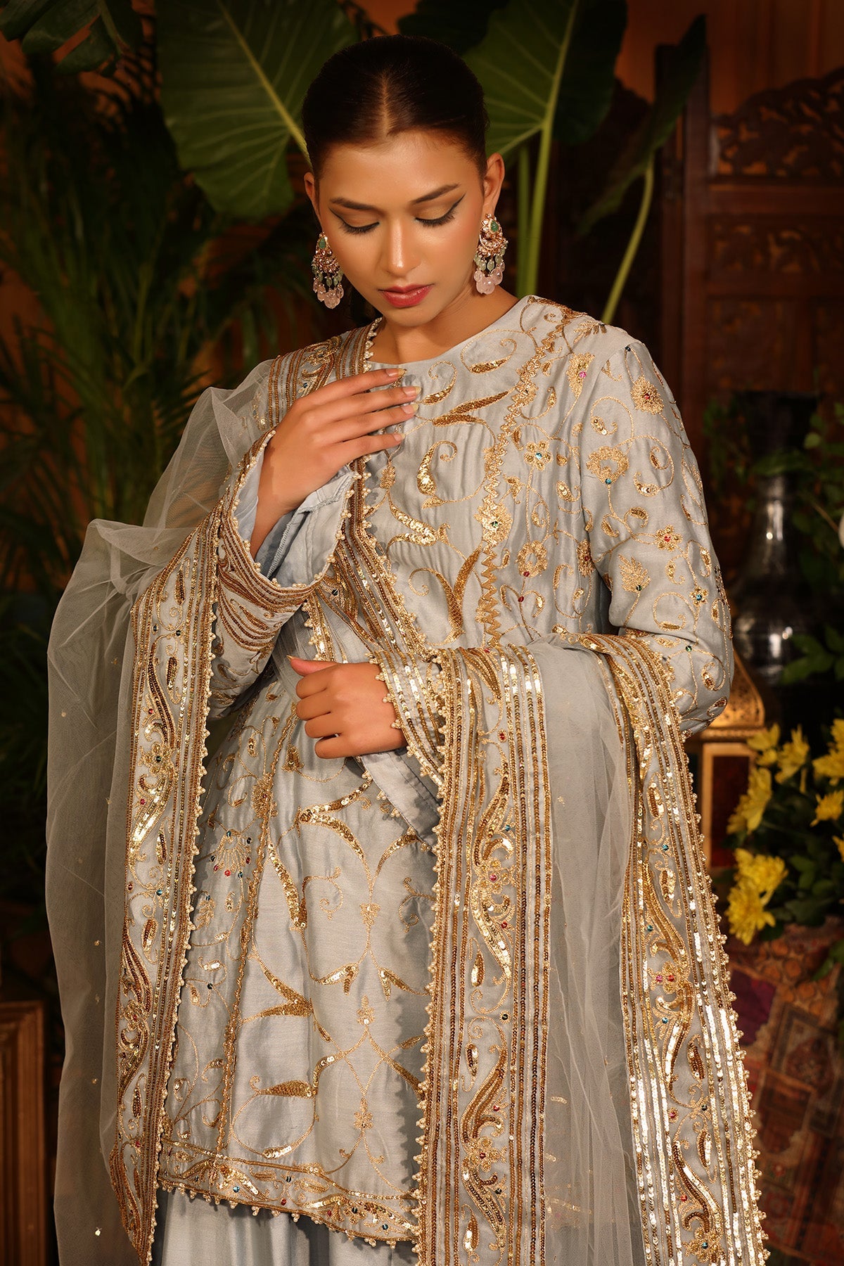 Grey Chanderi Kurti Sharara Set.