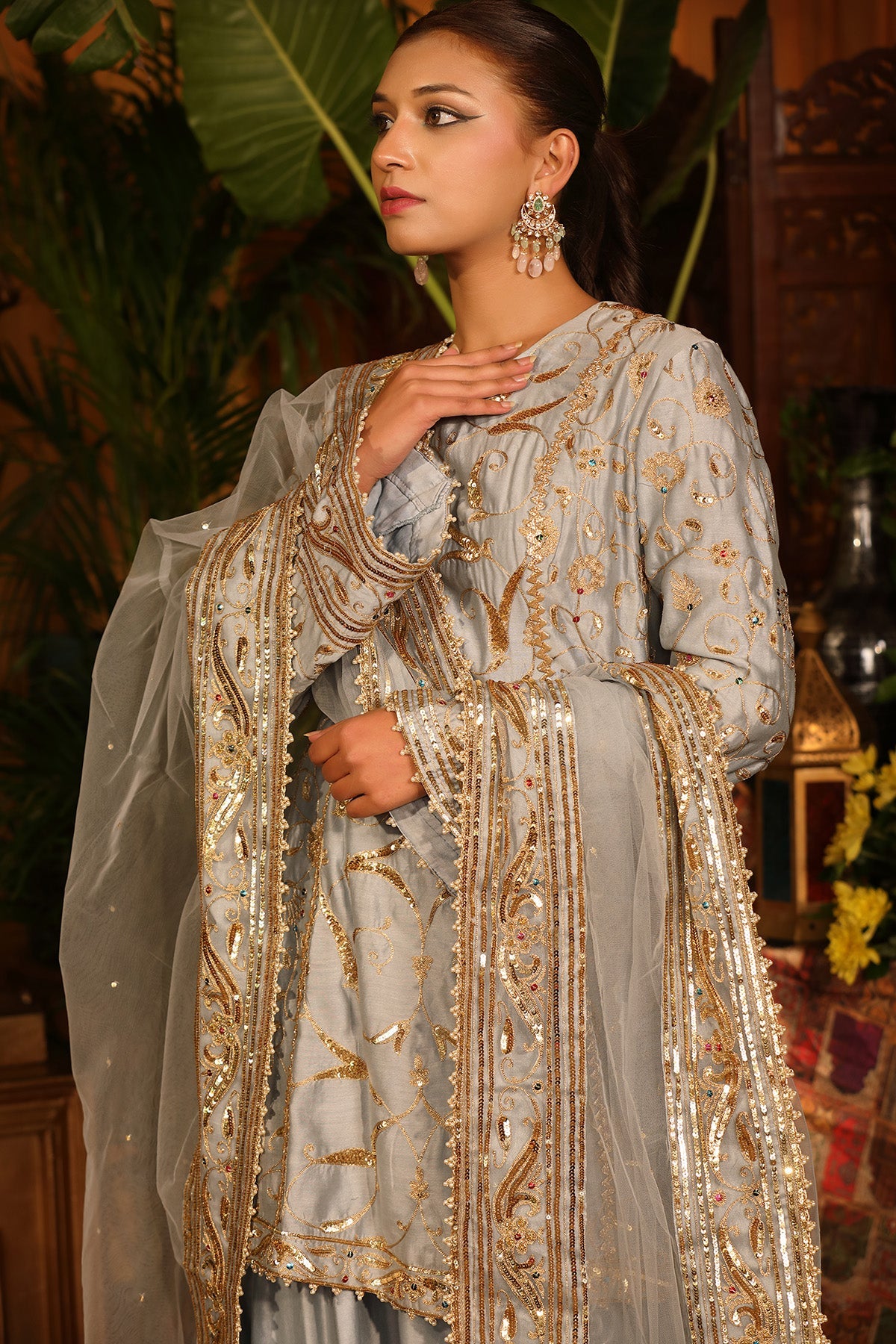 Grey Chanderi Kurti Sharara Set.