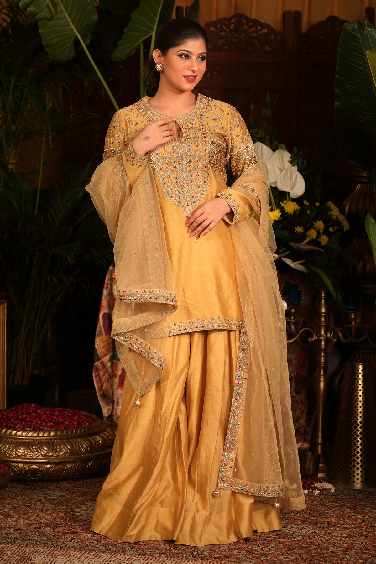 Yellow Chanderi Kurti Sharara Set.