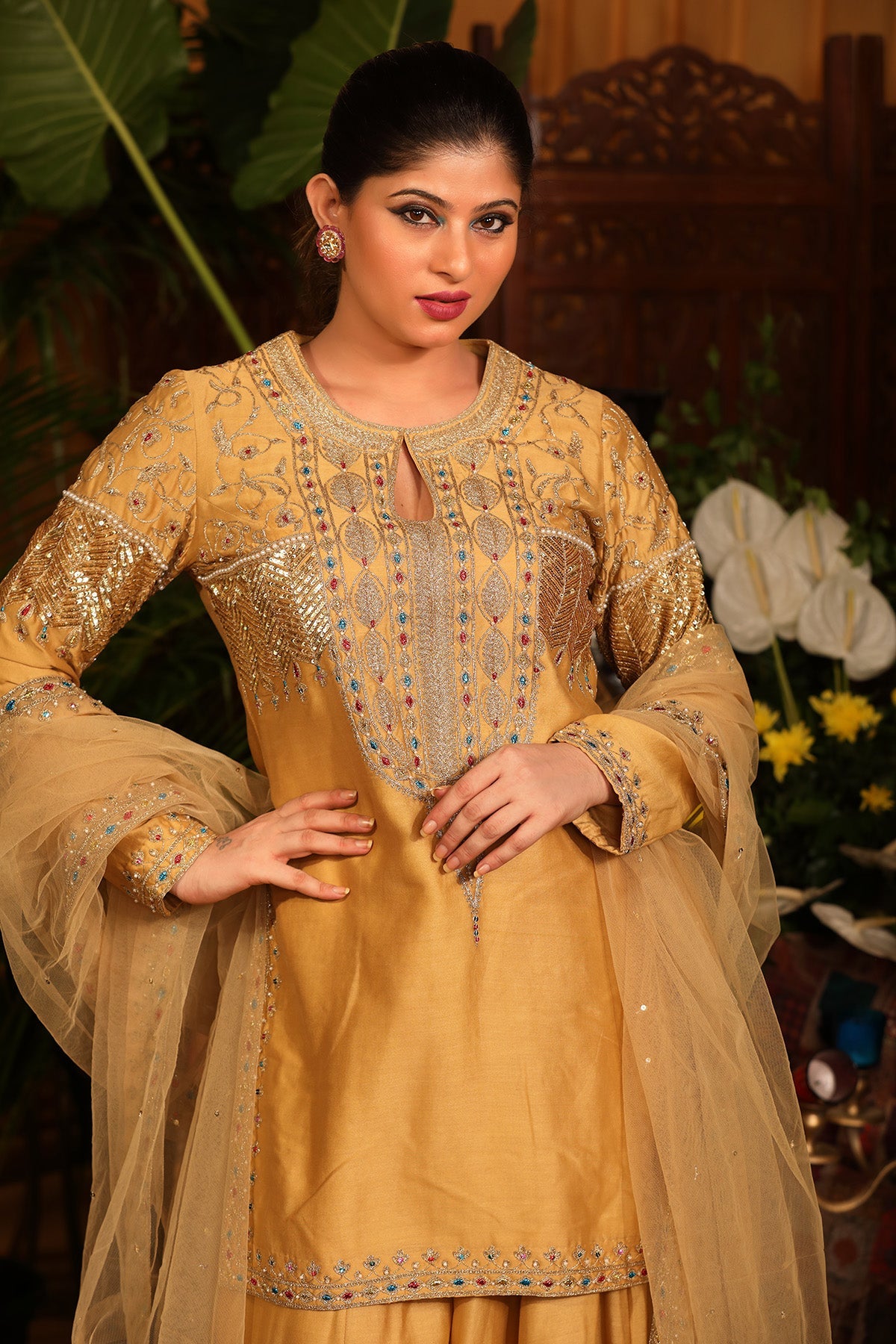 Yellow Chanderi Kurti Sharara Set.