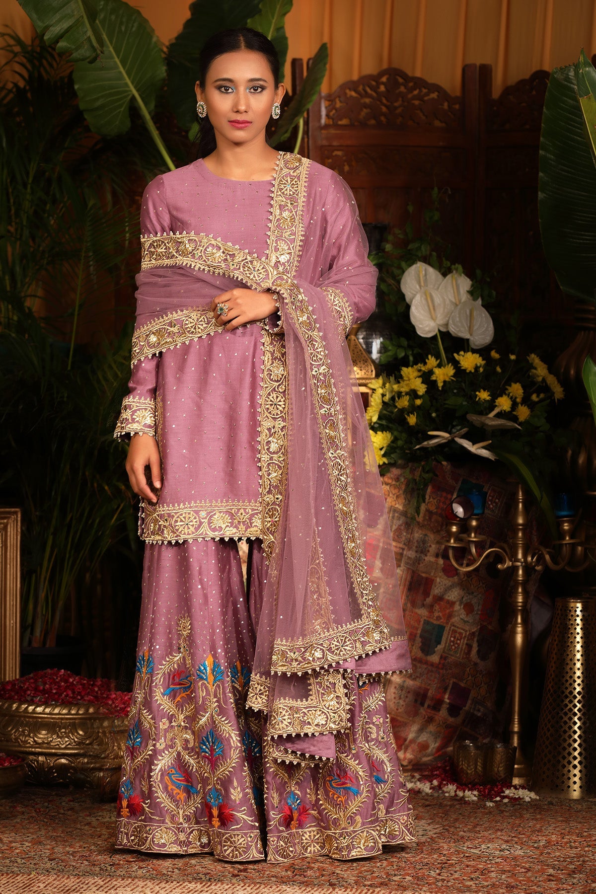 lilac chanderi kurti gharara set