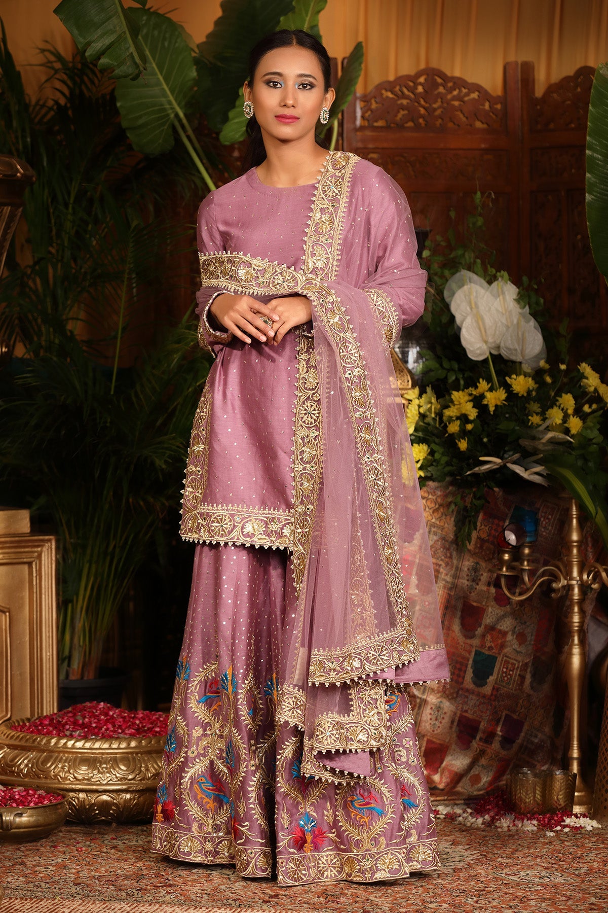 lilac chanderi kurti gharara set