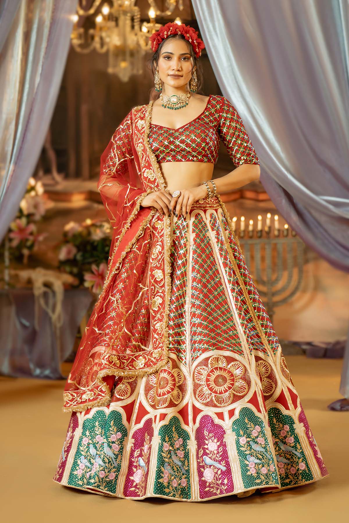 our stunning raw silk red lehenga