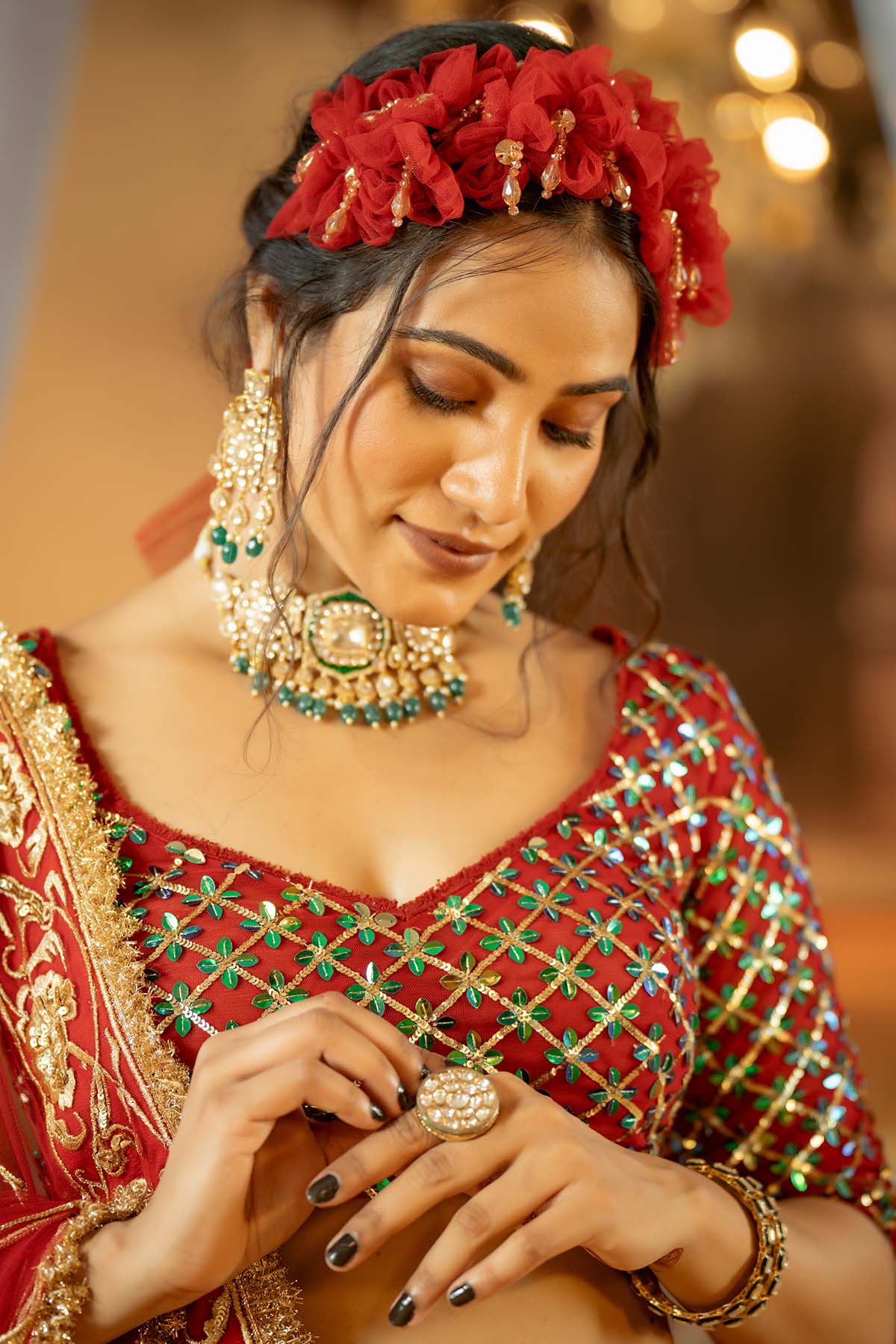 our stunning raw silk red lehenga