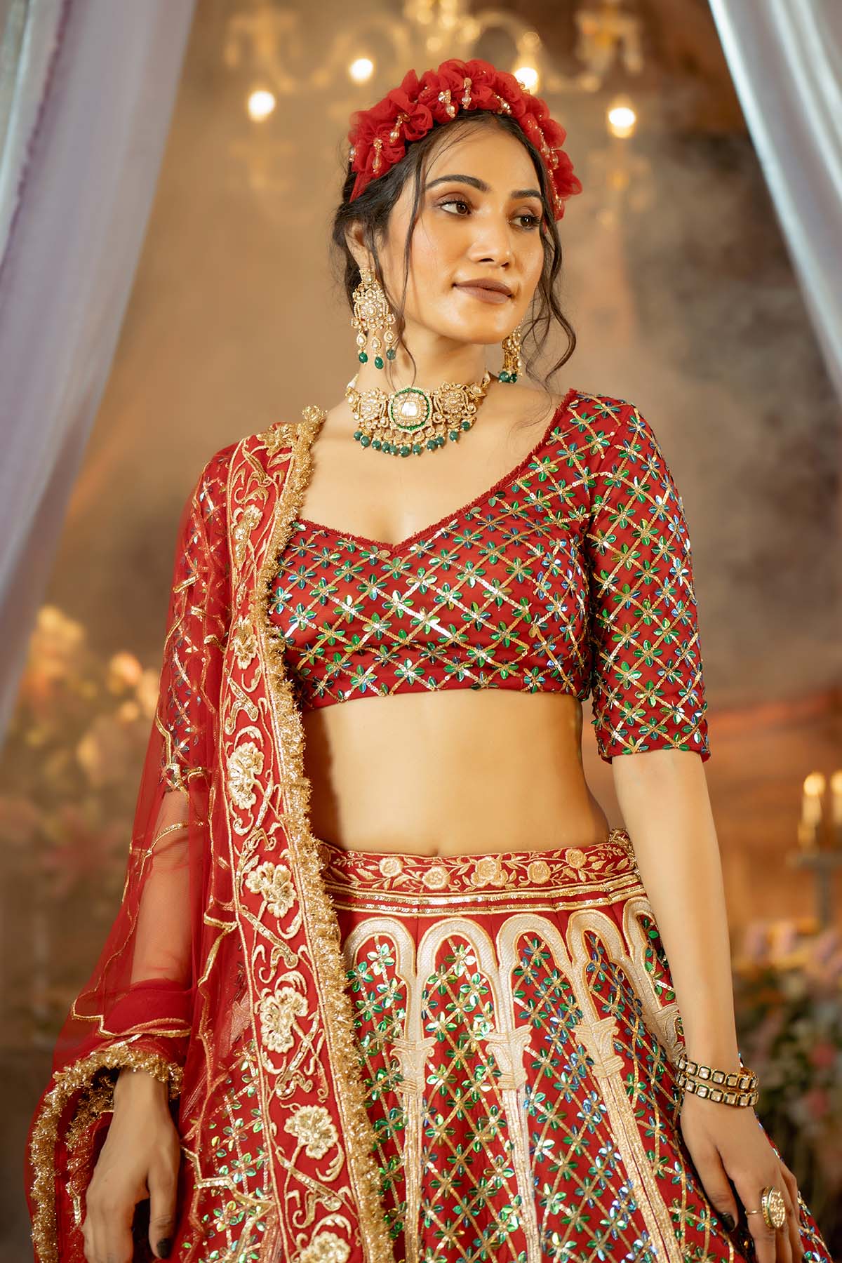 our stunning raw silk red lehenga